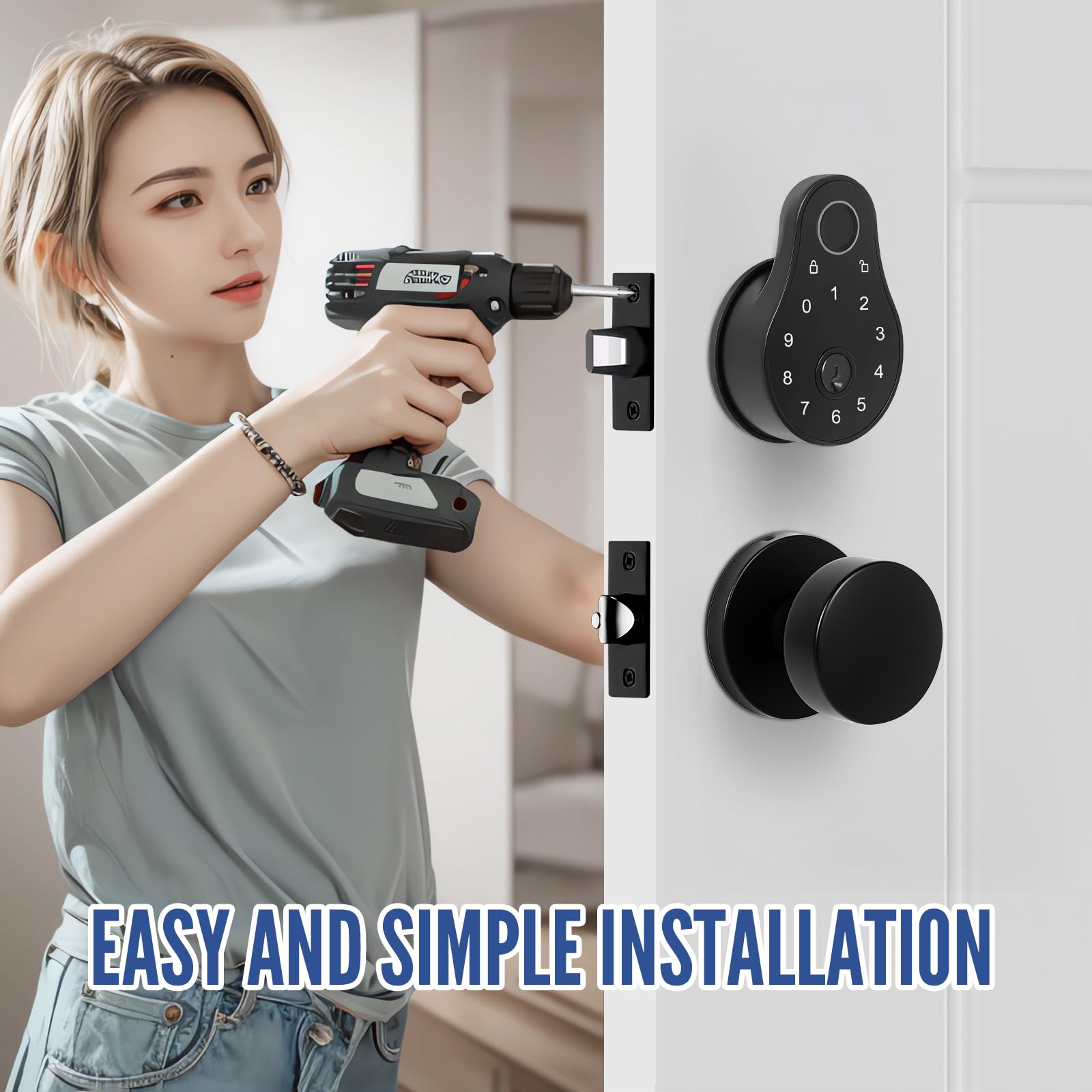 Cielsa Dawn Keyless Entry Door Lock Deadbolt With Handle Set-Code,Key,Fingerprint Deadbolt And Black Door Knobs-Touchscreen Keypad Deadbolt Smart Locks For Front Door- Easy Install-Auto Lock