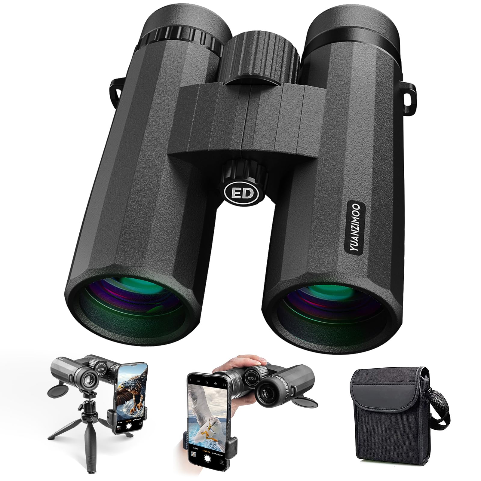 Yuanzimoo 12X42 Binoculars For Adults High Powered Waterproof Compact With Low Light Night Vision For Hunting Outdoor Sports Concerts Bird Watching Black