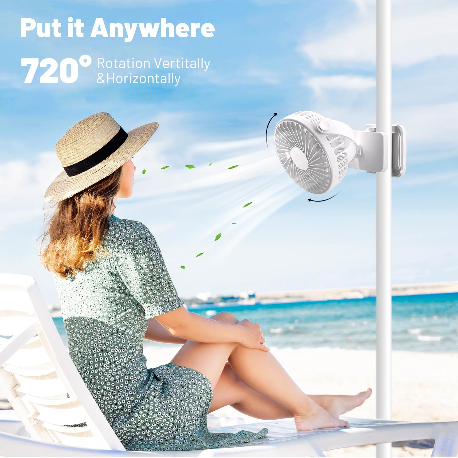 Portable Clip On Fan, 360° Rotate Battery Operated Stroller Fan, 3 Speed Quiet Mini Personal Desk