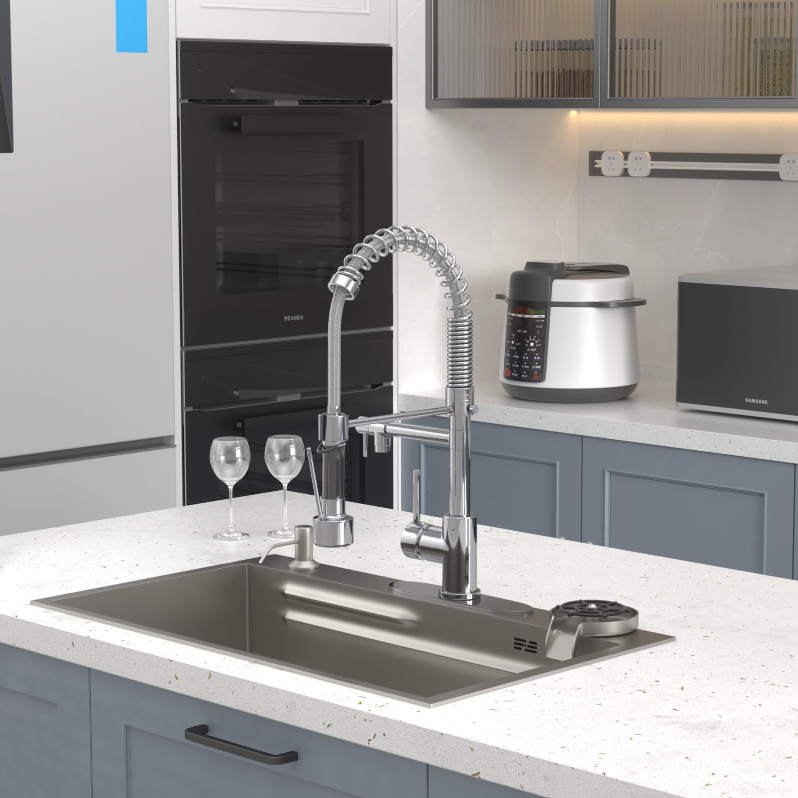 Geobella Kitchen Faucet With Pull Down Sprayer, Commercial Industrial Modern Single Handle Spring Copper Faucets For Kitchen Sink, Chrome