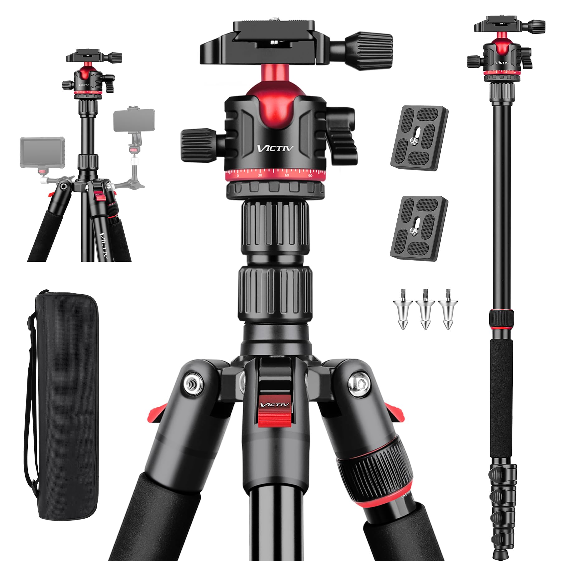 Victiv 78" Aluminum Camera Tripods & Monopods, Compact Travel Tripod For Camera Dslr, Spotting Scope,Telescope, Binoculars, Porfessional Heavy Duty Camera Stand For Photography Video Recording