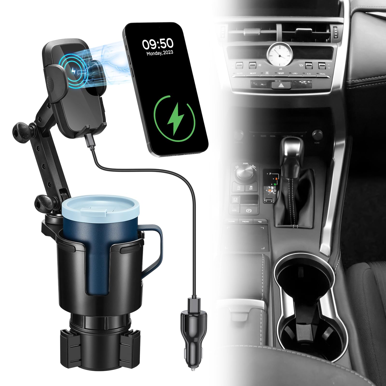 This Hill Cup Holder Phone Charger, 15W Fast Charging Auto Clamping, Phone Holder For Cup Holder Charger With Adjustable Base & 360° Rotation Compatible For All Smartphones(With Car Adapter)