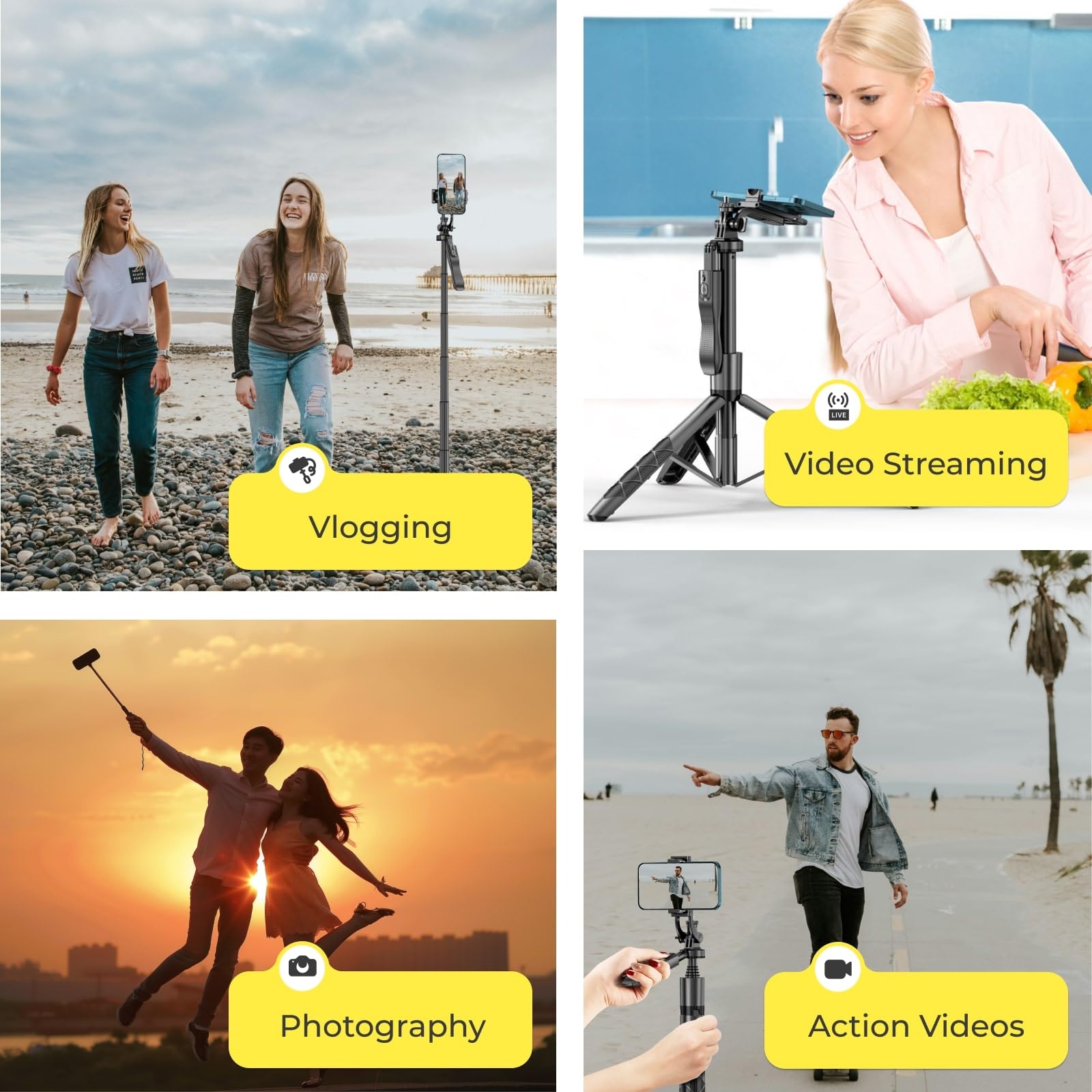 Ezigo Phone Tripod 62" Selfie Stick For Iphone With Remote And 3W Led Light, Universal Mount, Phone Stand For Recording & Streaming, Tripod For Iphone & Android Phone & Gopro