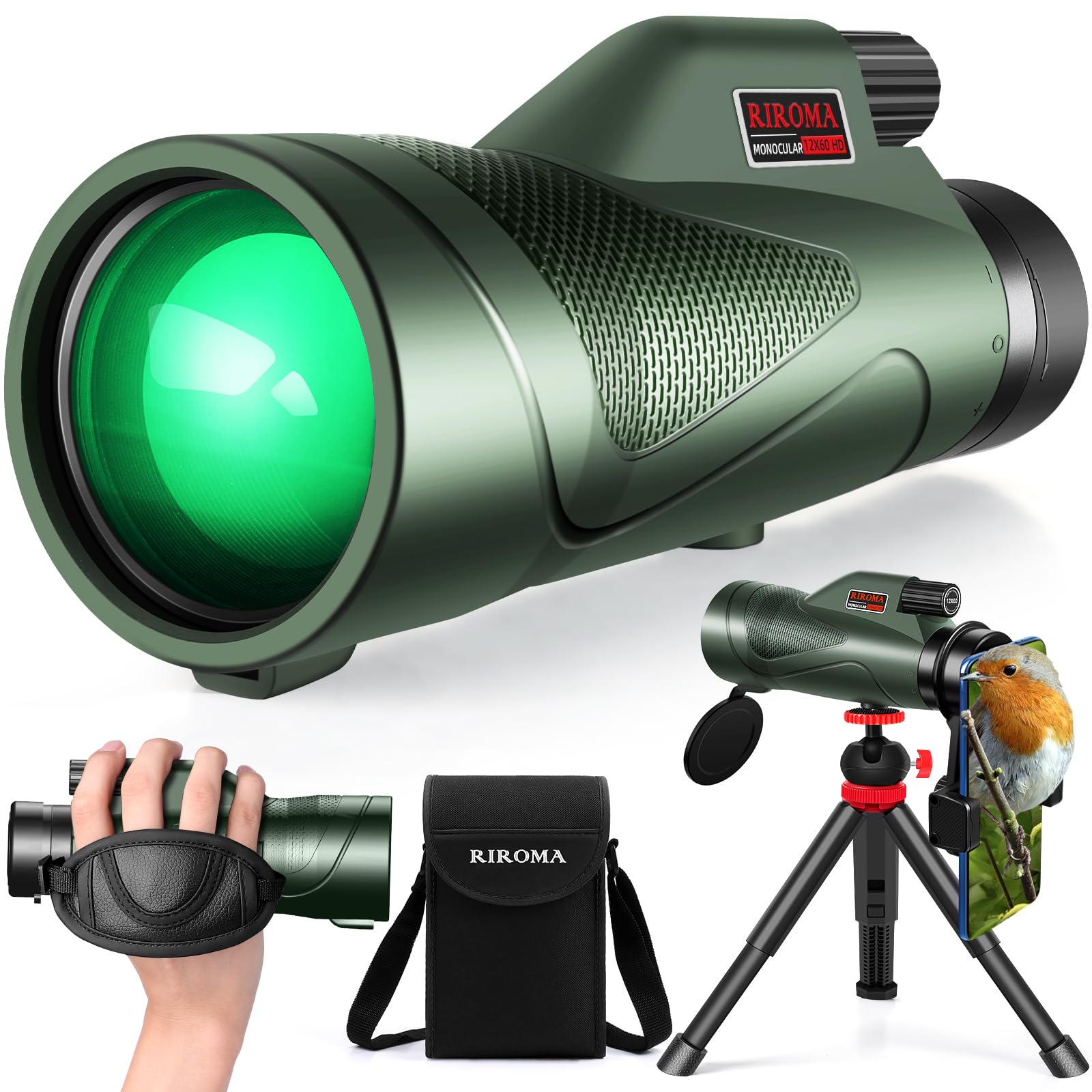 Riroma Monocular - Telescope 12X60 Hd Monocular With Smartphone Adapter Tripod & Portable Bag, Monoculars For Adults High Power With Bak4 Prism & Fmc Lens, Suitable For Bird Watching Hunting Hiking Camping