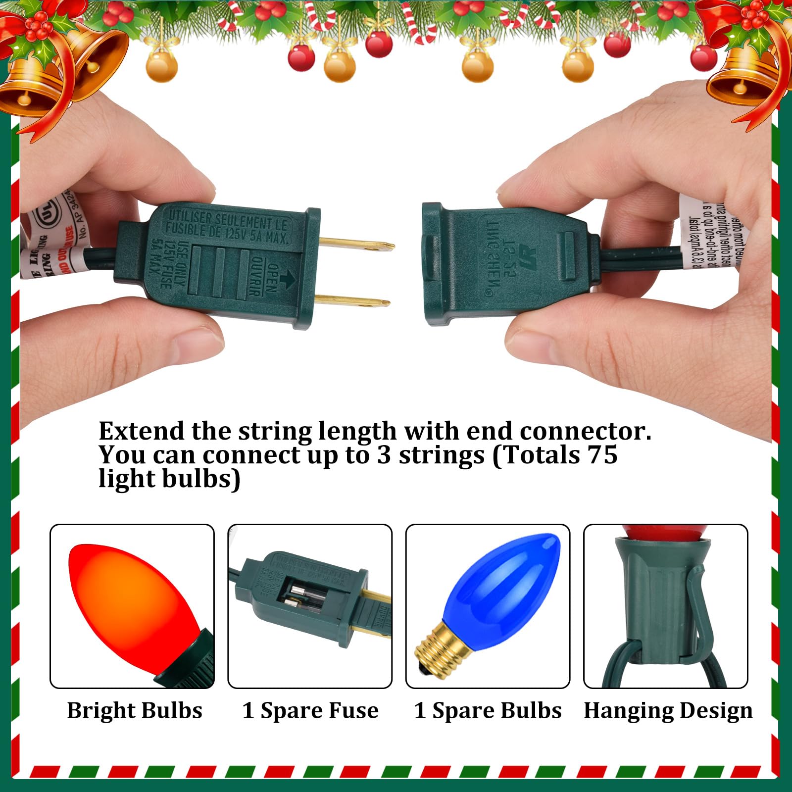 Agaphoton C9 Christmas String Lights, 25Ft Outdoor Christmas Light With 26 C9 Multicolor Bulbs, Vintage Waterproof Ul Listed String Lights For Christmas Holiday Party Decor - Green Wire