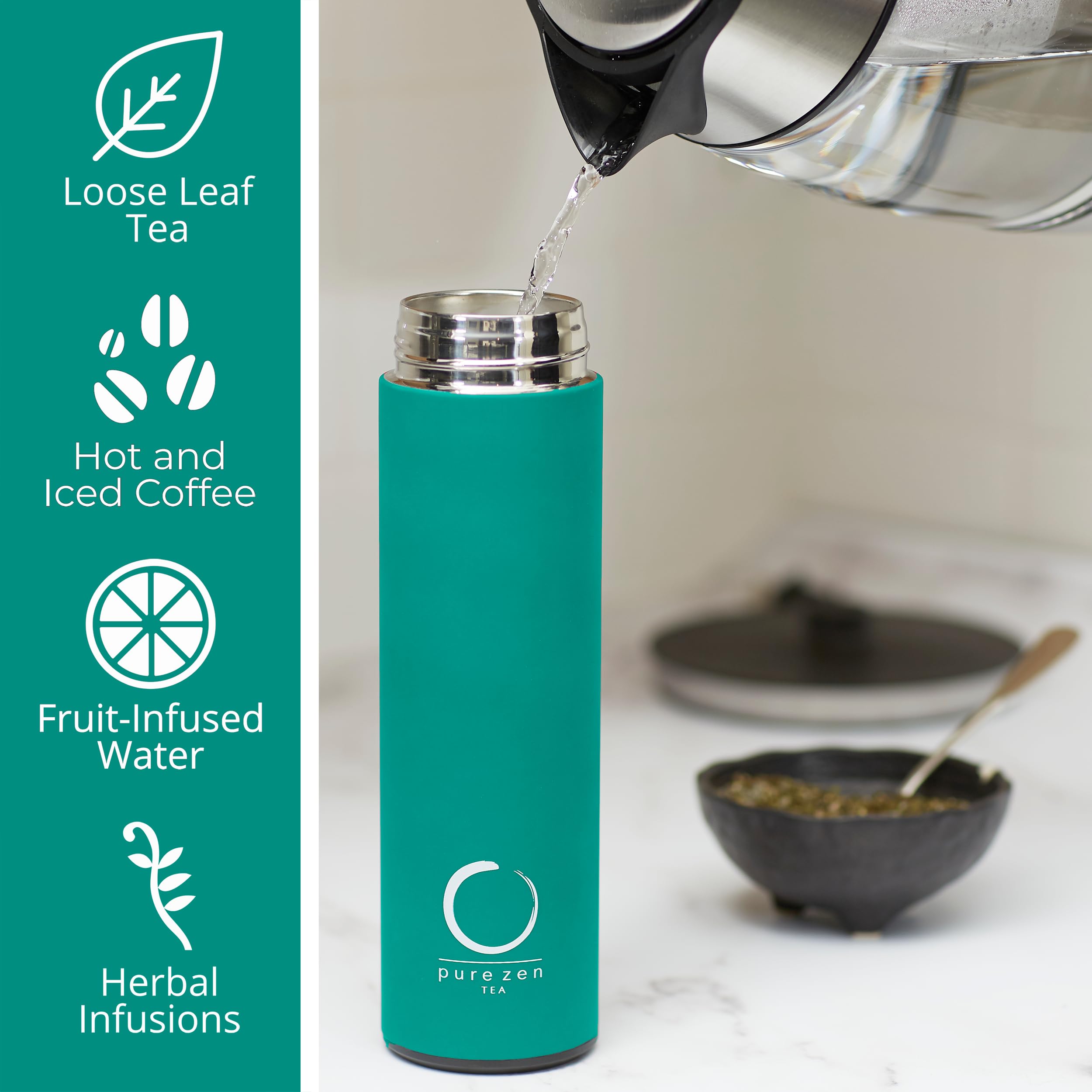 Pure Zen Tea Thermos With Infuser For Hot And Cold Infusions - Stainless Steel - Tea Infuser Bottle