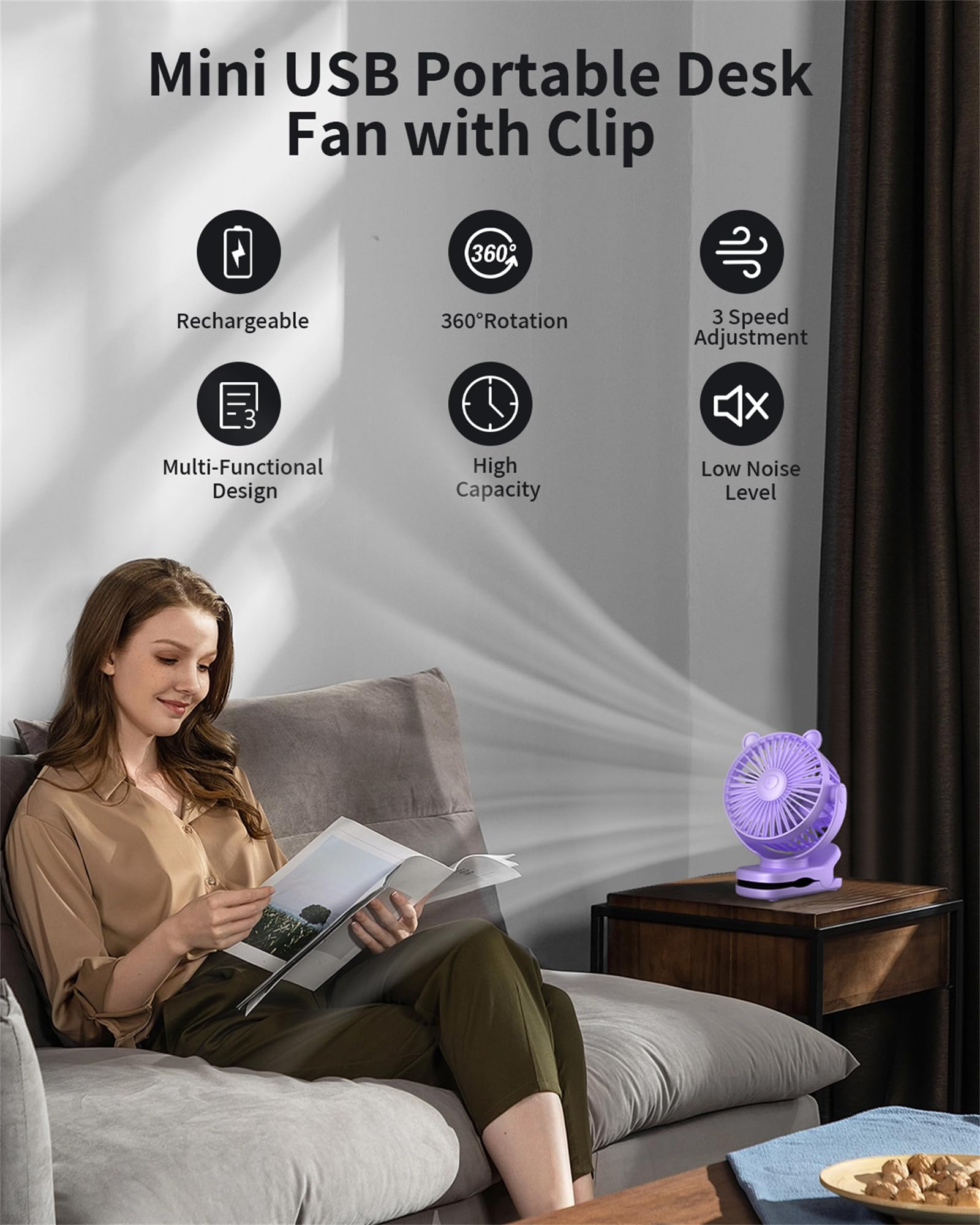 Clip On Fan, Rechargeable Portable Fan With 2000Mah Battery Operated, Stroller Fan With Powerful