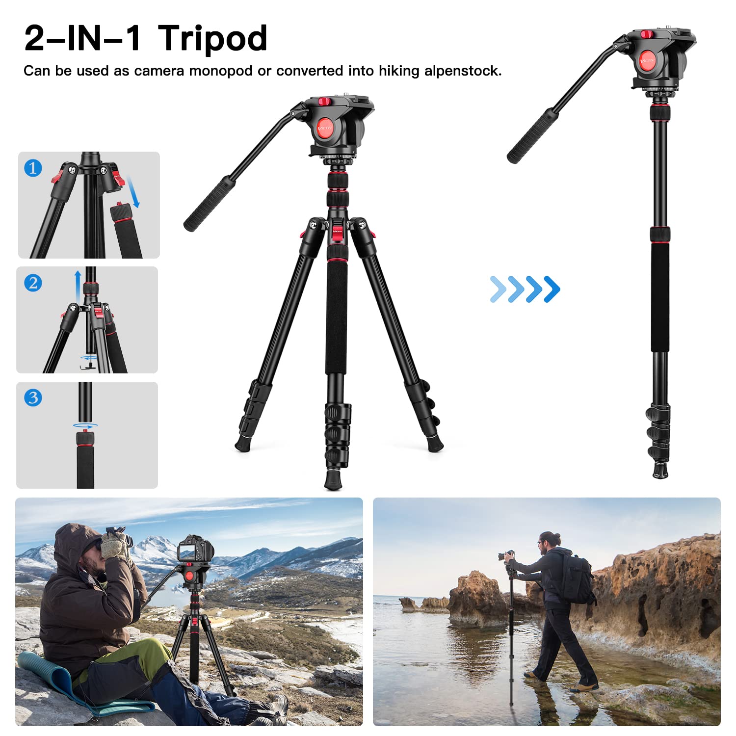 Victiv Camera Tripod, 72" Video Tripod With Fluid Head, Aluminum Heavy Duty Tripod With Carry Bag, Professional Camera Tripods & Monopods, Compatible With Canon, Sony, Dslr, Camcorder