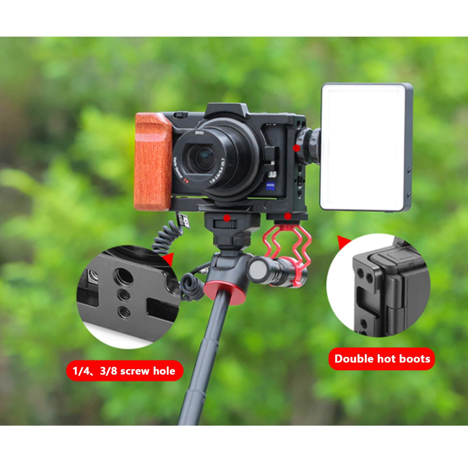 Bitubol Camera Cage For Sony Zv-1 Ii/Zv-1F / Zv-1 Camera, With Wooden Handle Grip,Equipped With 3/8 "And 1/4" Screw Holes And Cold Shoe Extension For Microphone/Light.