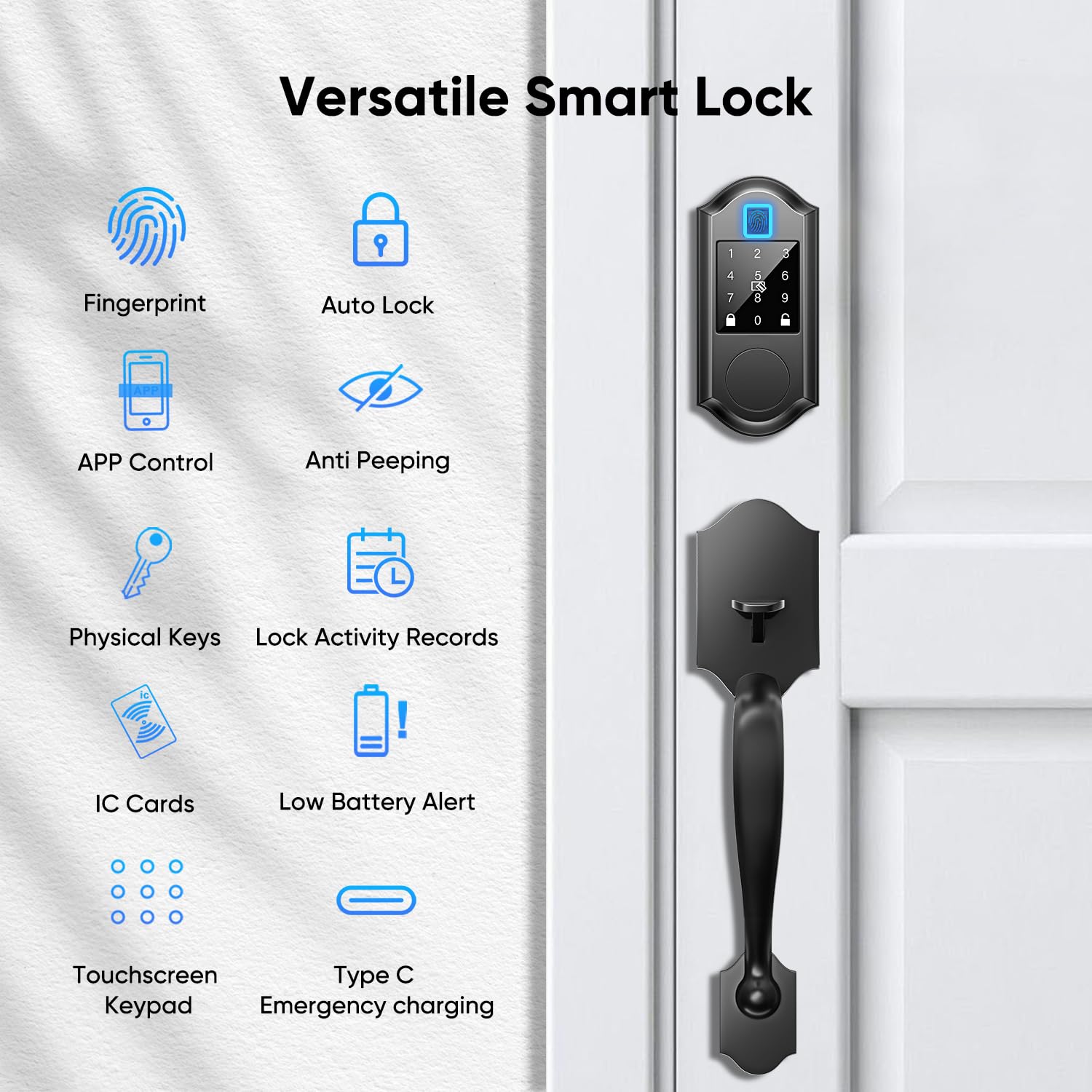 Seveko Fingerprint Smart Front Door Lock Set, Keyless Entry Door Lock With Handle, Smart Locks For Front Door, Keypad Deadbolt With Handle, App Control, Touchscreen Keypad, Auto Locking, Matte Black
