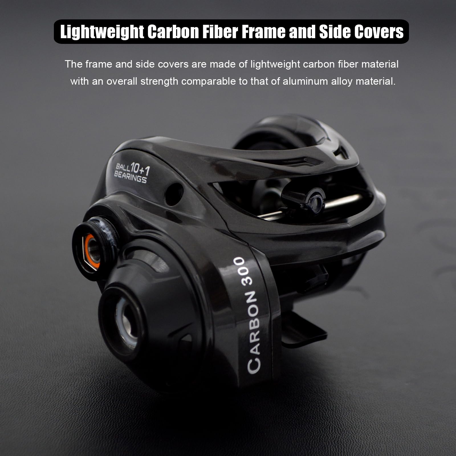Camekoon Carbon 300 Baitcasting Fishing Reel, High Line Capacity Baitcaster Reels, 6.3:1 Gear Ratio, 10+1 Stainless Steel Ball Bearings, 10 Button Magnetic Brakes, Carbon Fiber Frame And Side Covers