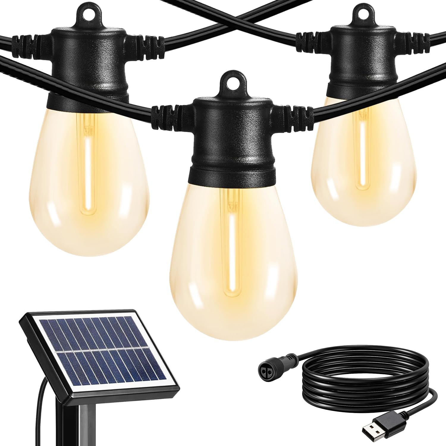 Sunthin 24Ft Solar String Lights, Usb Rechargeable Solar Outdoor Lights With Waterproof & Shatterproof Led Bulbs For Patio, Porch, Garden, Deck, Bistro, Cafe, Camping