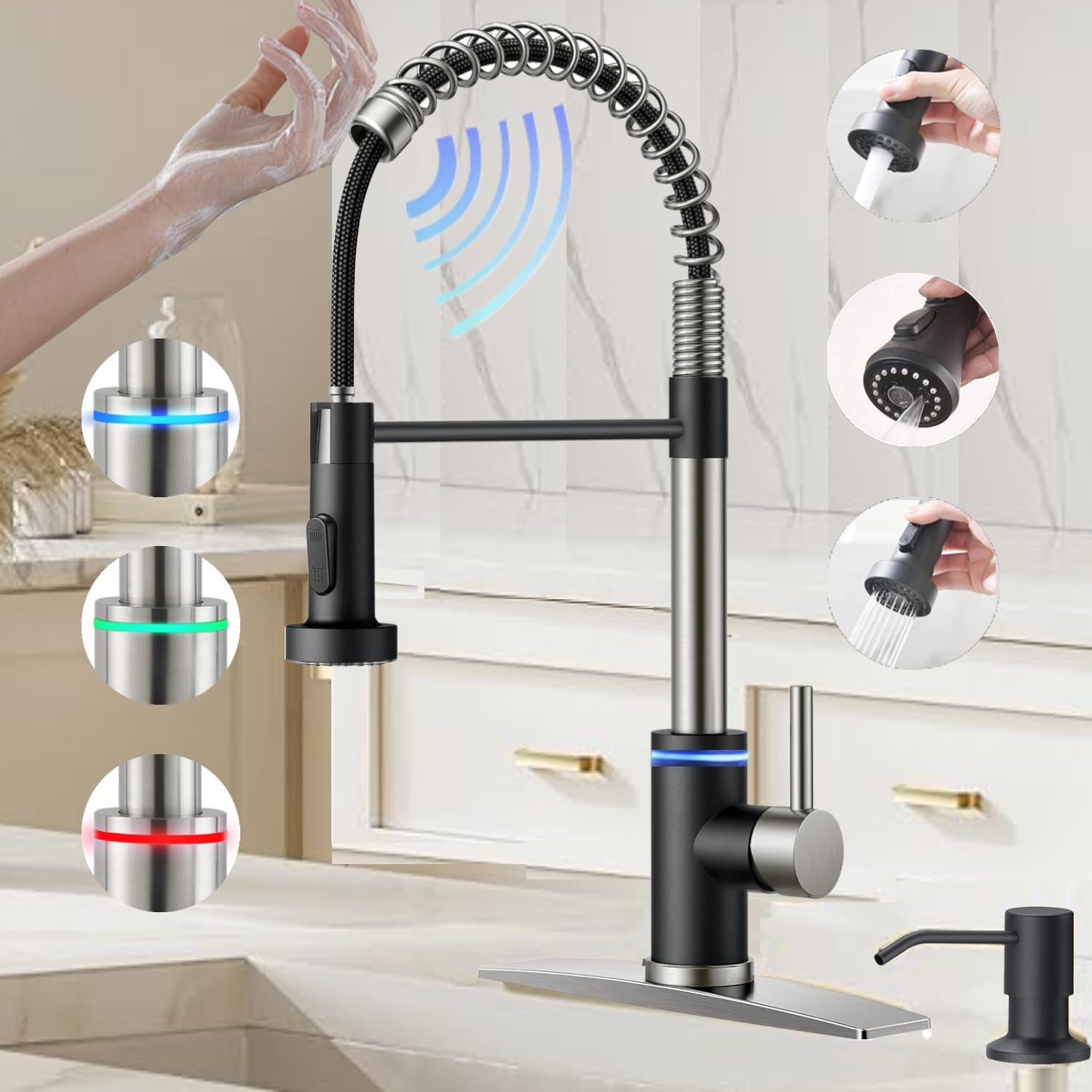 Videc Touch On Kitchen Faucet, 3 Modes Pull Down Sprayer,Touch On Sensor Activated,Led Temperature Control, 360-Degree Rotation,1 Or 3 Hole Deck Plate. 20-Year . (Kw-66Nr,Brushed Nickel/Black)