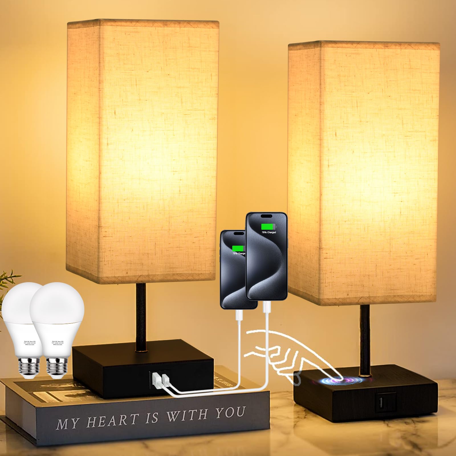 Golspark Bedside Lamps Set Of 2, Table Lamp For Living Room Usb C Usb A Charging Ports, 3 Way Dimmable Nightstand Lamps, Beige Lamp Shade Touch Lamps For Bedrooms Led Bulb Included
