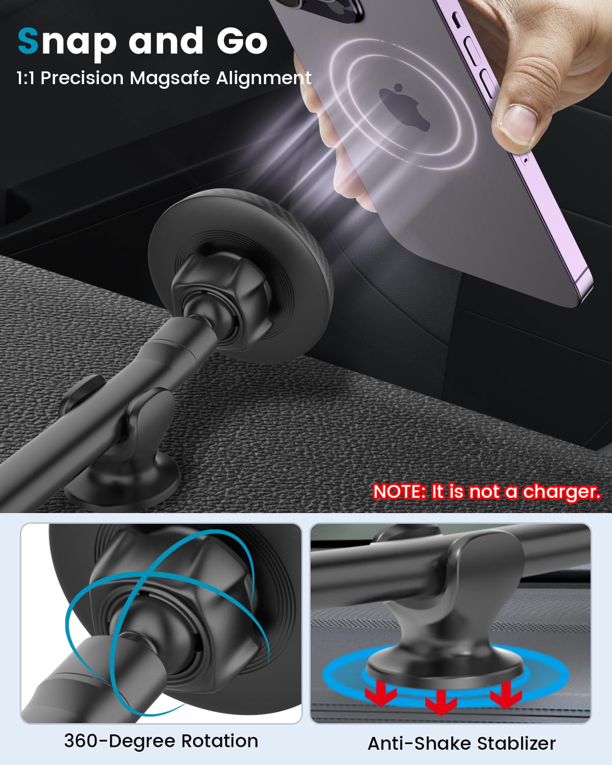 Apps2Car For Magsafe Car Mount Magnetic Phone Holder  13-Inch Long Arm Suction Cup Windshield Mount Fits Iphone 16 Pro Max Plus 15 14 13 12 Mini