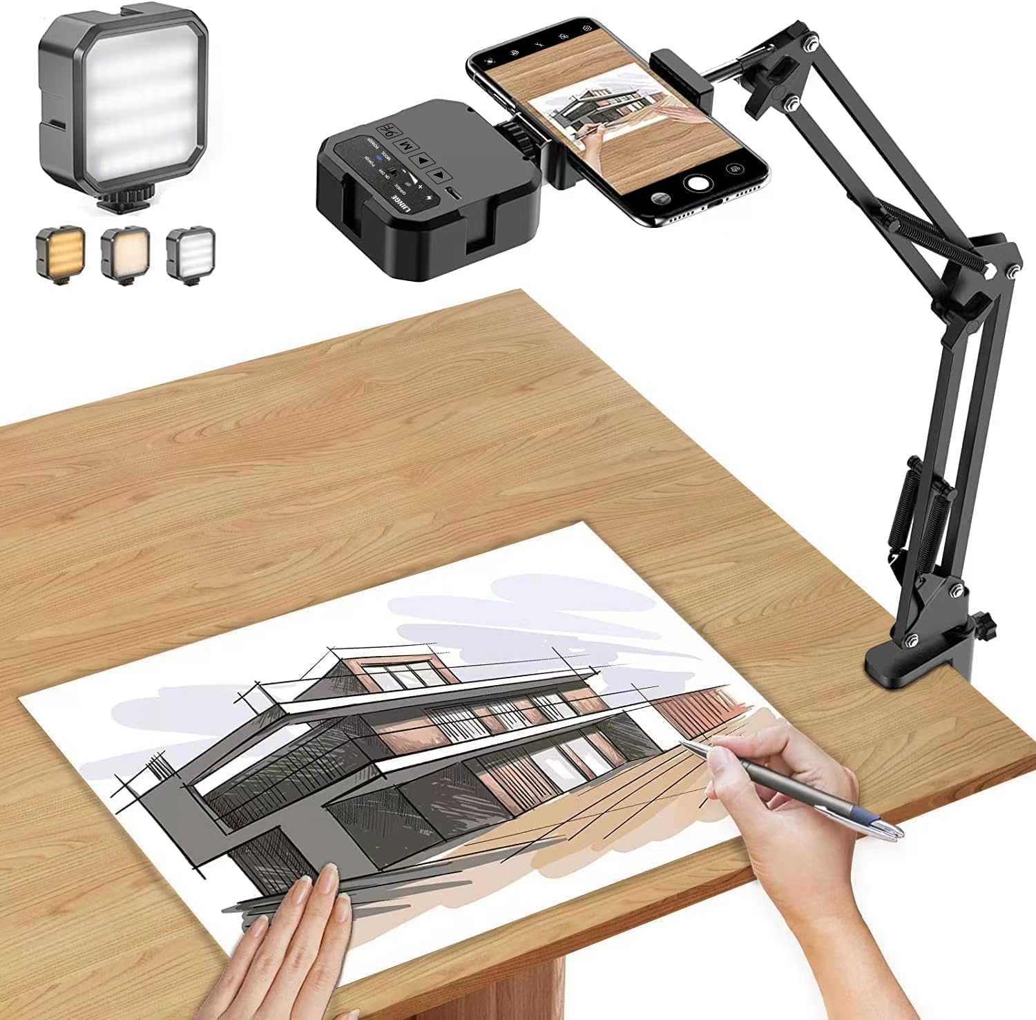 Ljinge Overhead Phone Mount, Articulating Arm Cell Phone Holder With Led Light, Flexible Phone Stand For Live Streaming, Video Recording, Painting Lighting, Cooking