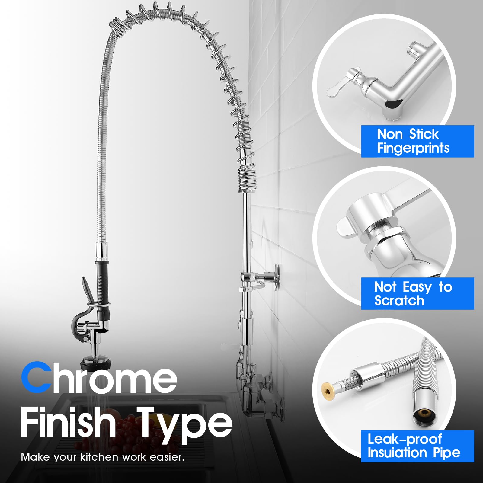 Oierzin Commercial Faucet Wall Mount With Sprayer 36" Height, 8 Inch Center Brass Constructed Wall Mount Kitchen Sink Commercial Faucet With Pull Down Pre Rinse Sprayer And 12" Add-On Spout