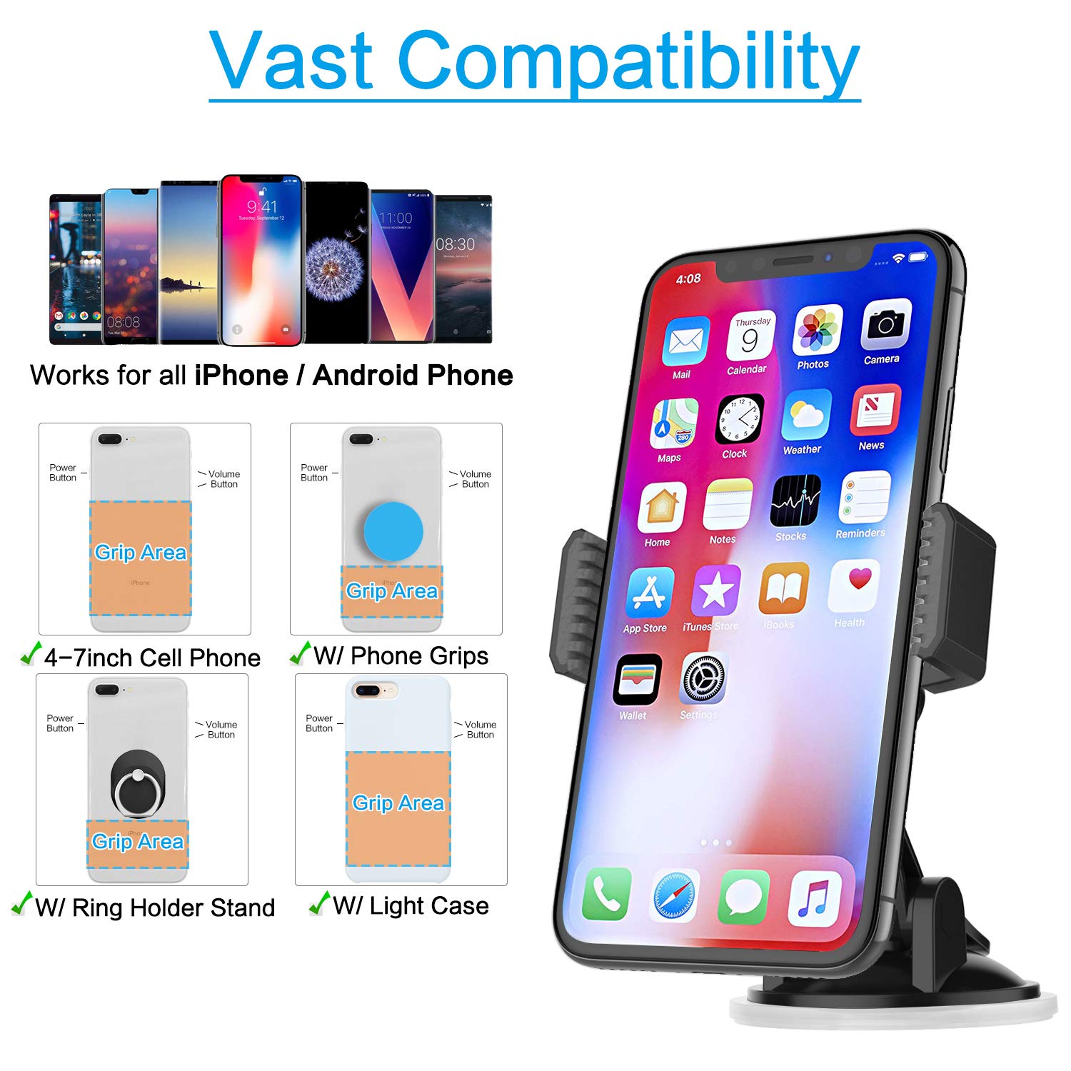 Apps2Car Suction Cup Phone Holder For Car With Adjustable Arm, Low Profile Dashboard Phone Mount Compact Windshield Window Dash Mobile Stand Compatible W/All Iphone And Android Cell Phones