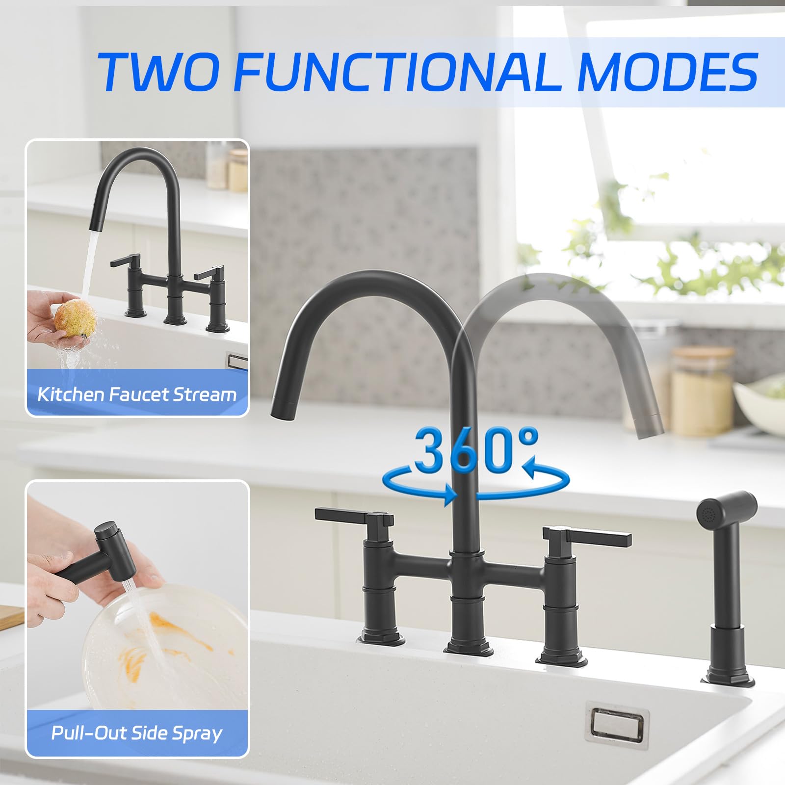 Bwe Brass Kitchen Faucet Bridge Kitchen Sink Faucet With Side Sprayer 2 Handles 4 Hole Farmhouse Kitchen Faucet Deck Mount Matte Black