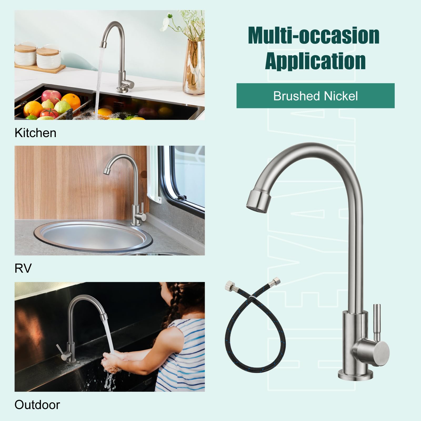 Heyalan Brushed Nickel Kitchen Faucet Cold Water Only 1 Hole Single Handle 360 Degree Swivel Spout Deck Mount High Arc Sus304 Sink Bar Tap Goose Neck With Hose And Longer Thread Pipe