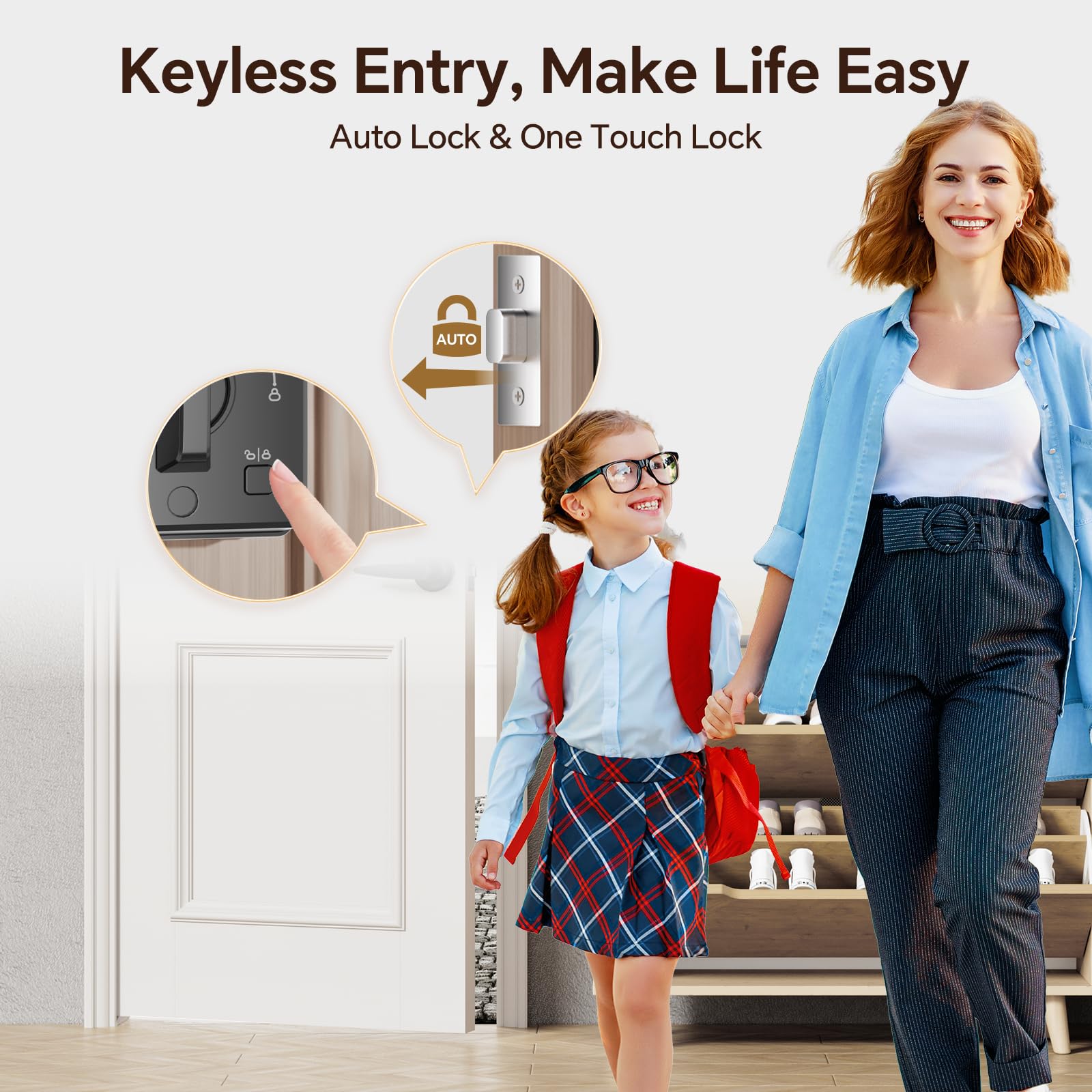 Vchoo Keyless Entry Door Lock Deadbolt With Handle Set Smart Locks For Front Door With Lever Handles Auto Locking, Anti-Peeping Password & Easy Installation For Homes Hotel Bedroom Doors Ip54