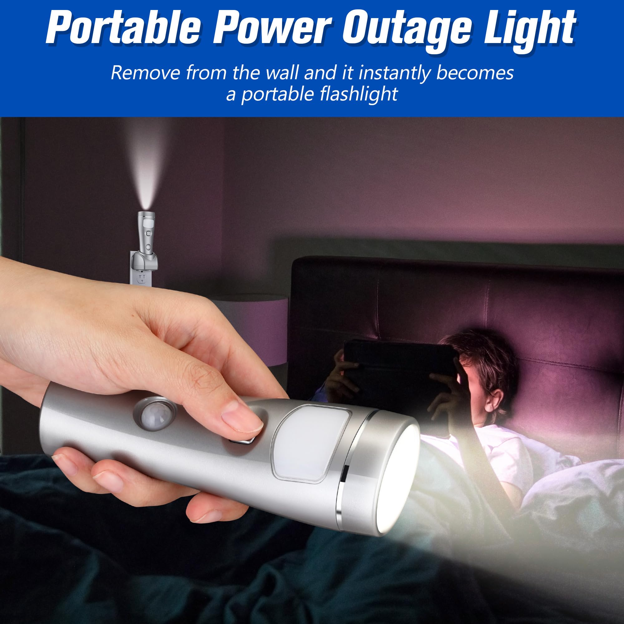 Enhon 4 In 1 Led Rechargeable Plug In Flashlights, 6 Pack Led Emergency Lights For Home Power Failure Emergency, Plug In Power Outage Light, Power Failure Light With Motion Detection (Silver)