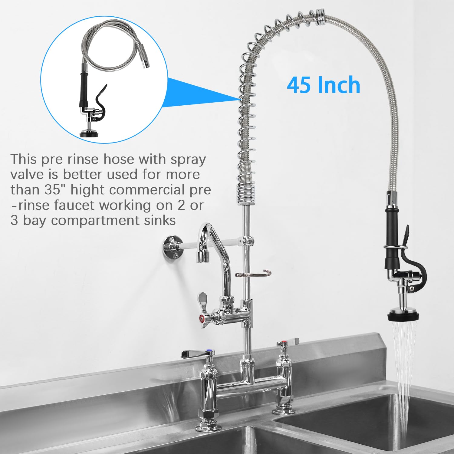 Abboraunt Pre Rinse Spray Valve With Hose, 45 Inches Flexible Stainless Steel Hose High Pressure Pre Rinse Sprayer Nozzle Assembly For Commercial Kitchen Faucet (Gray)