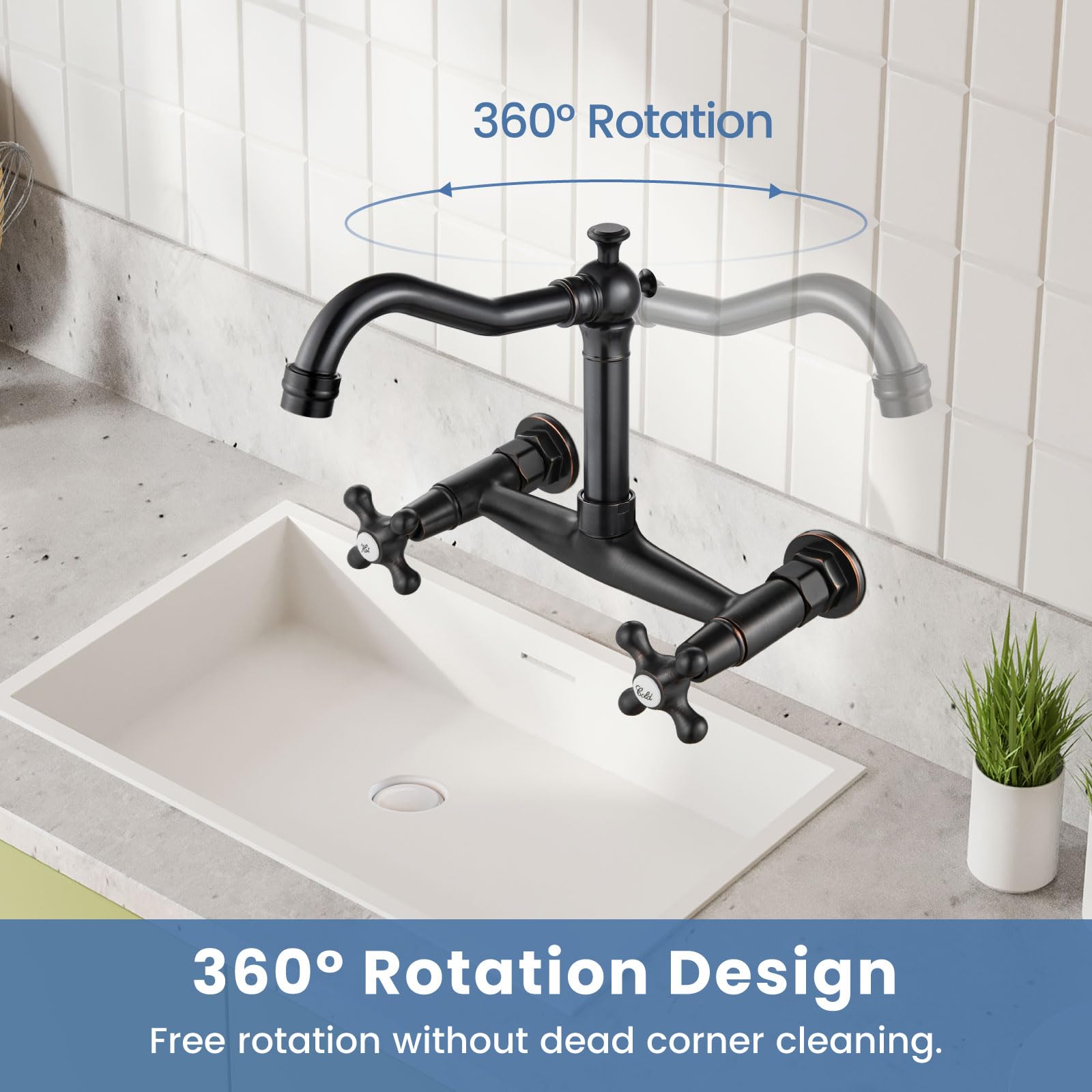 Airuida Wall Mounted 8 Inch Center Kitchen Sink Faucet Commercial Wall Mount Kitchen Tap Double Cross Handles 360 Rotatable Spout For Utility Laundry Restaurant Vintage Spout Oil Rubbed Bronze