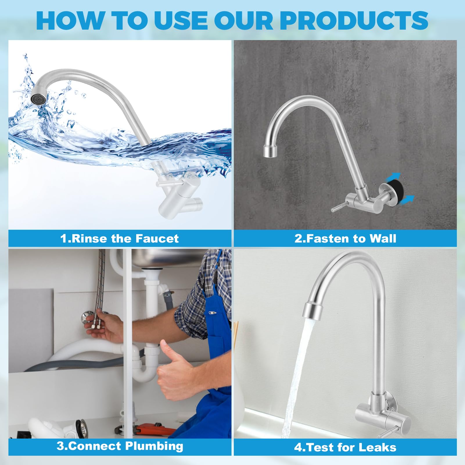 Pilipane Kitchen Faucet, Wall-Mounted 360 Rotatable, Stainless Steel, Brushed Chrome, Silver