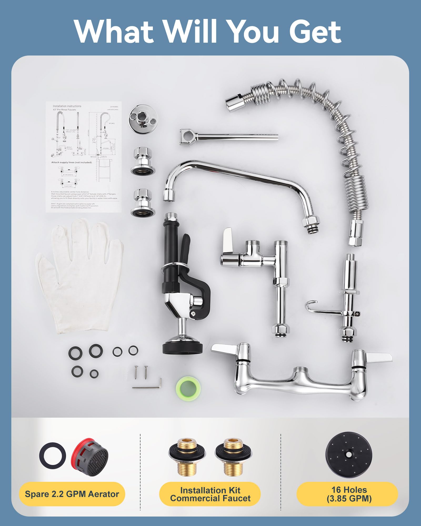 Arcora Commercial Kitchen Faucet Wall Mount: With Pre-Rinse Sprayer - Industrial Restaurant 21" Height 8'' Center Compartment Sink Faucet With 10" Add-On Swing Faucet Chrome