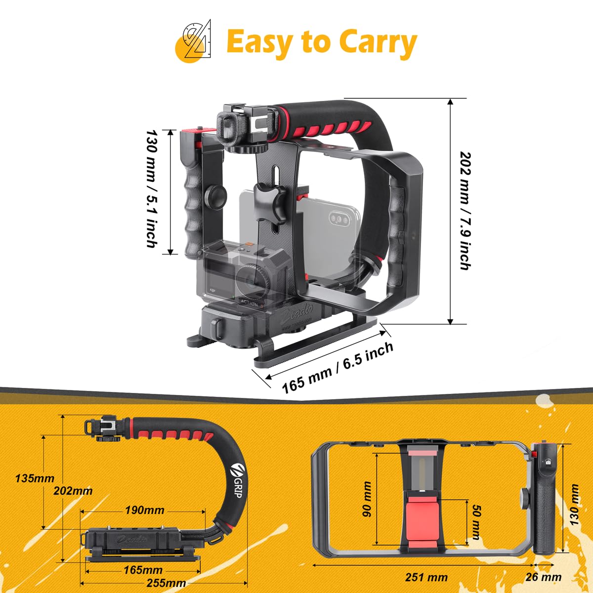 Zeadio Camera Handheld Stabilizer With Smartphone Video Cage Rig, Triple Cold-Shoe Handle Grip Compatible With All Camera Action Camera Dslr Smartphone