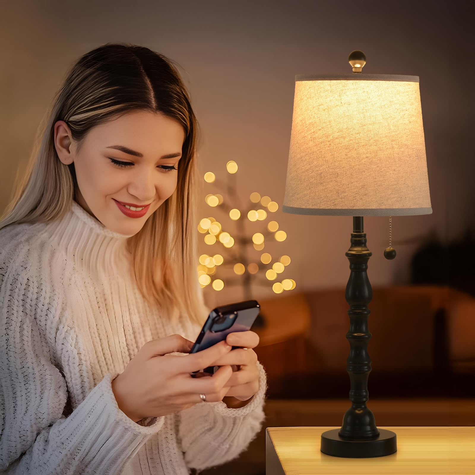 Terpsichore Lamps Set Of 2 Modern Farmhouse Table Lamp Bedside Reading Lights Living Room End Lamps Night Stands Bedroom Night Light,High 26.25 Inch,Black,With Fabric Lamp Shade,Bulb Not Included