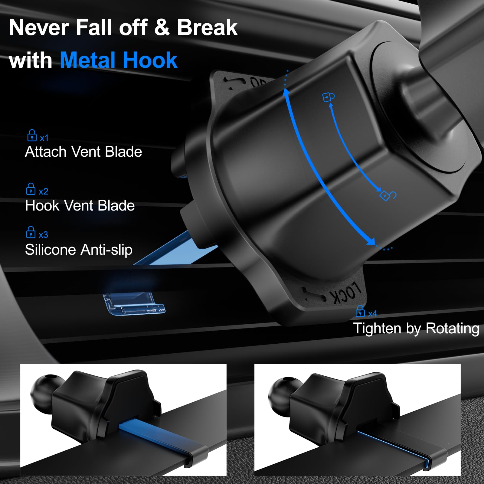 Zrtxba Phone Holders For Your Car With Metal Hook Clip, Air Vent Cell Phone Car Mount 360° Rotation Car Phone Holder Universal Automobile Cradle Fit For Iphone Android And All Smartphones Dark Black