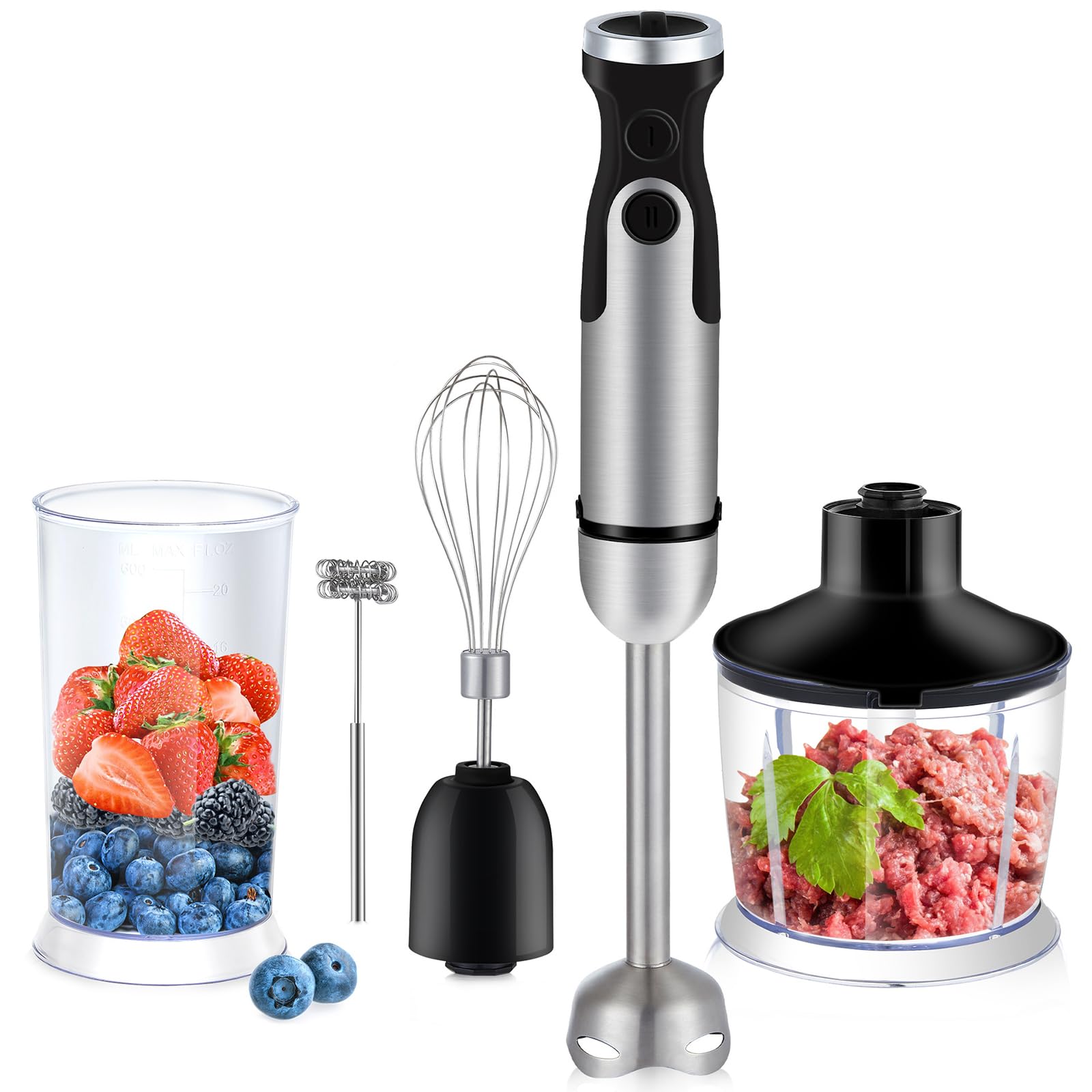 Hyykeji 5 In1 Immersion Hand Blender, 1200W Stainless Steel Handheld Blender Mixer, 6 Speed Speed Adjustment, Easy To Clean, Powerful And Stable, For Smoothie, Baby Food, Sauces