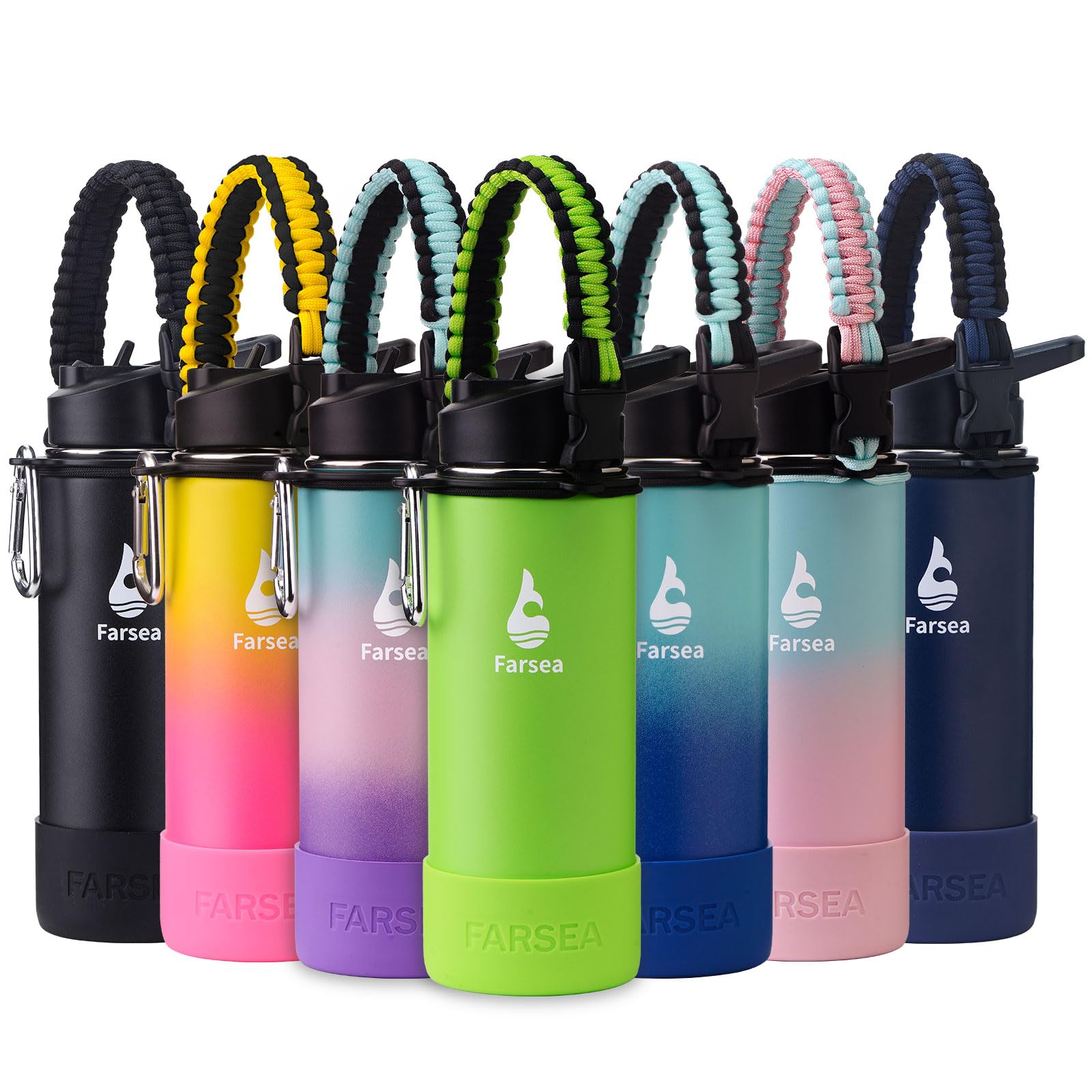 Farsea Insulated Water Bottle With Paracord Handle, Protective Boot And 2 Lids (Straw Lid)