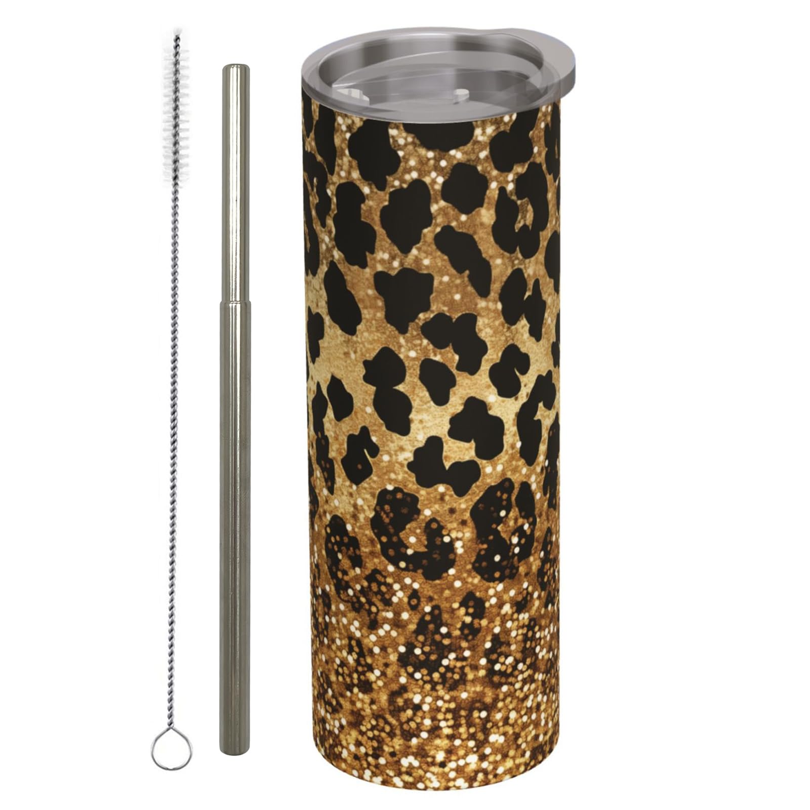 Glitter Leopard Stainless Steel Insulated Tumbler With Lid And Straw - 20Oz Gold Cheetah Travel Mug