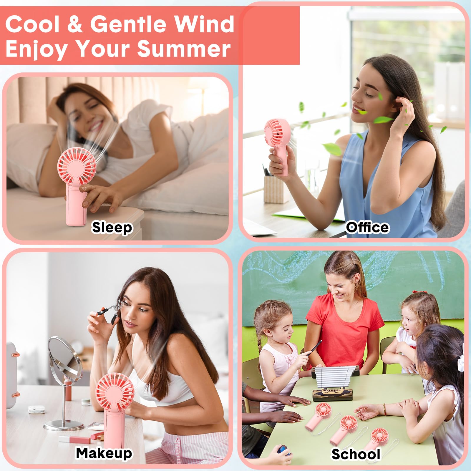 Small personal fans in pink color ideal for travel beach trips indoor and outdoor use