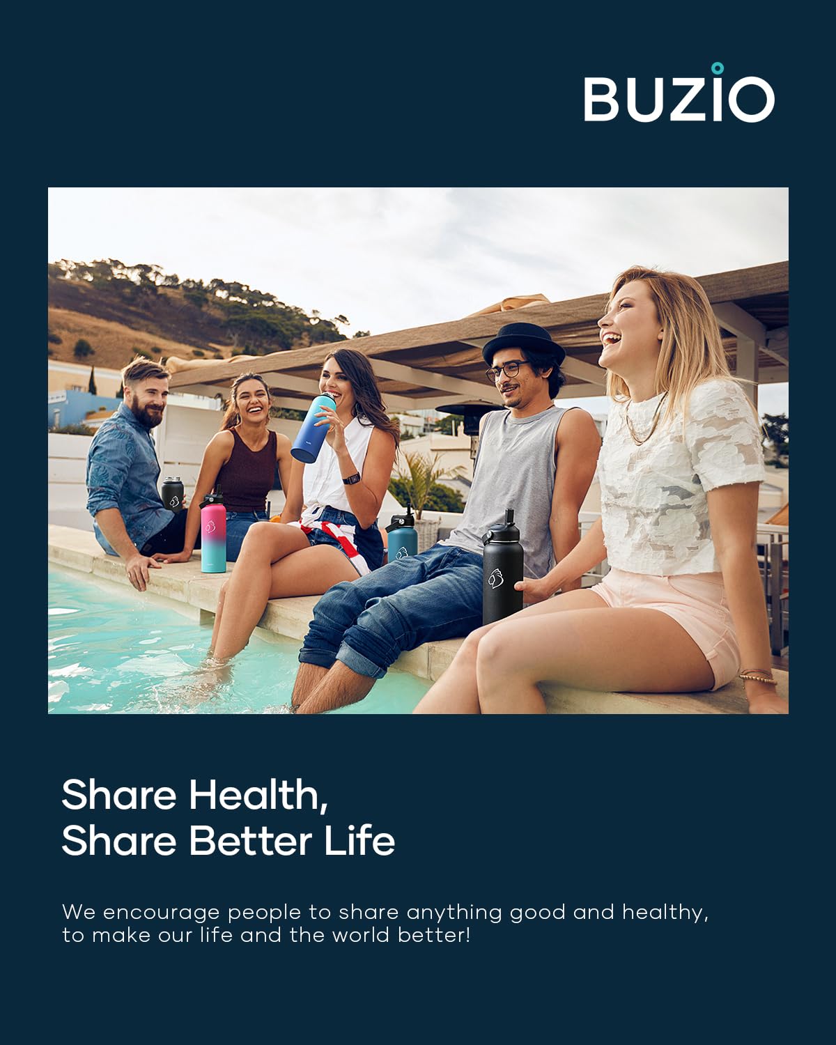 Buzio 40Oz Insulated Water Bottle, Triple Wall Vacuum Stainless Steel Water Flask With 2 Lids