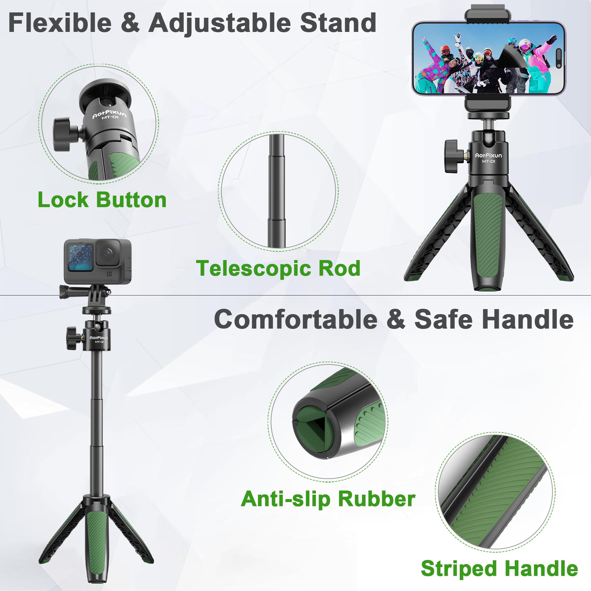 Aorpixun Mt-01 Mini Tripod For Camera Small Portable Vlogging Tripod With Ball Head & Phone Clip 1/4'' Screw For Gopro Hero Sony Canon Nikon Dji Osmo Action Insta 360 Cameras