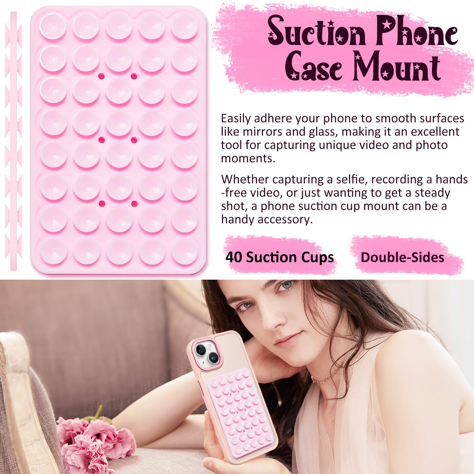 Jingjinyy 2 Pack Double Sided Silicone Suction Cup Phone Case Mount, Hands- Strong Grip Silicon Phone Holder For Selfies And Videos, Non Slip Phone Accessories (Translucent)