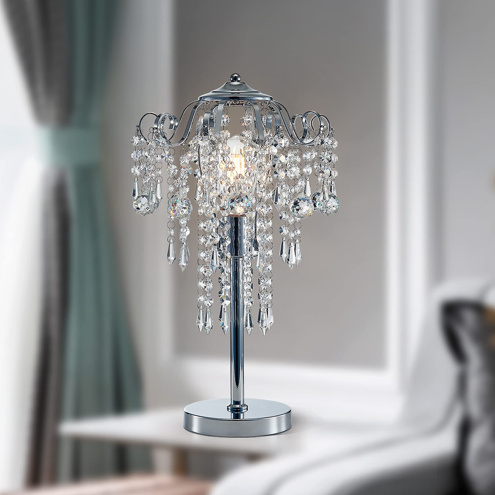 Meixisue Modern Table Lamp Chrome Metal And Clear Crystal Bedside Table Lamp End Table Lamp Nightstand Lamp For Bedroom Living Room Office Desk H20.4'' W11.81'' 1-Light E26