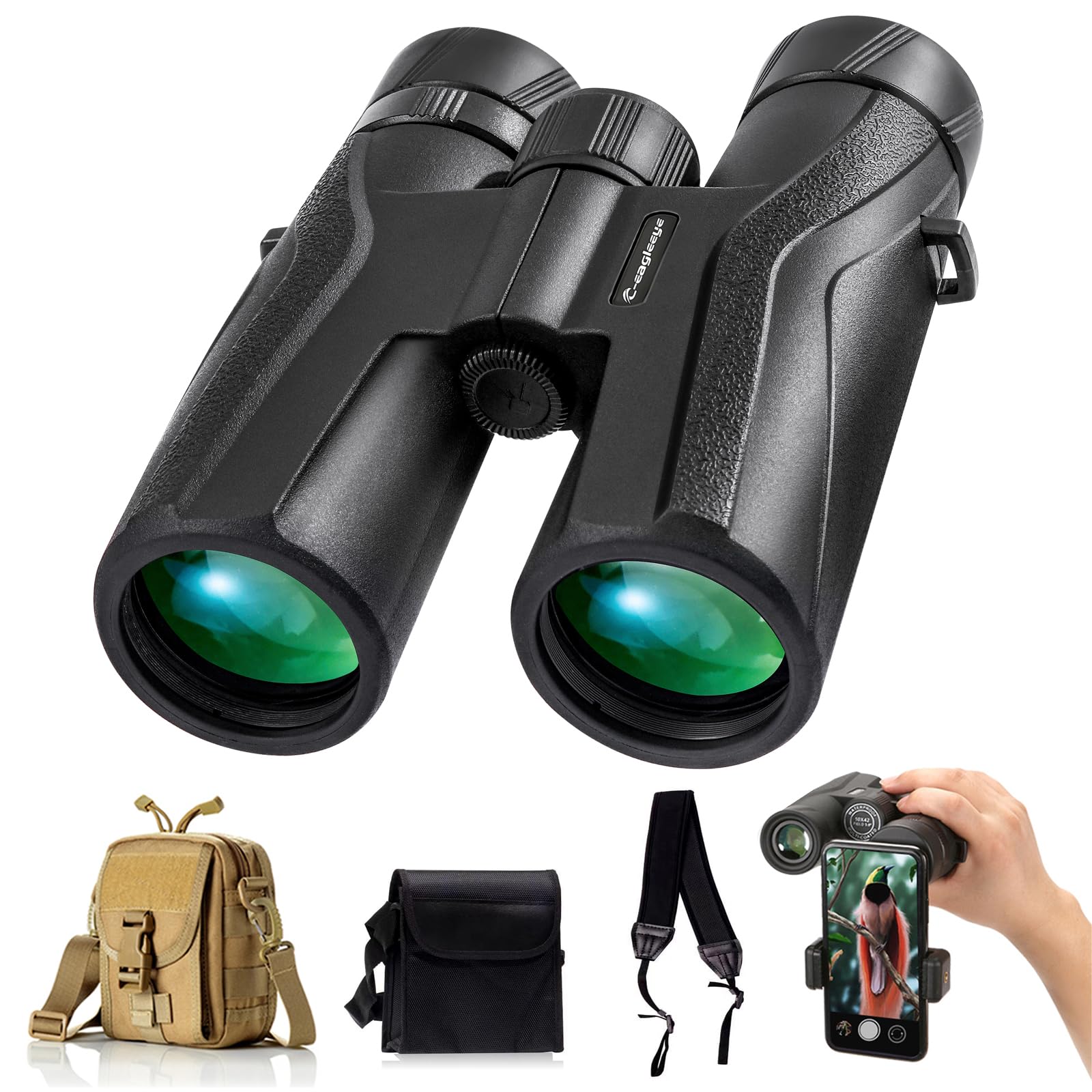 C-Eagleeye Ceagleeye10X42 Binoculars For Adults,Ipx7 Professional Waterproof And Anti-Fog With 23Mm Large Eyepiece Bak4 Lens,Binoculars For Travel Bird Watching Hunting Sports Extra Bag,Strap,Phone Adapter,Black