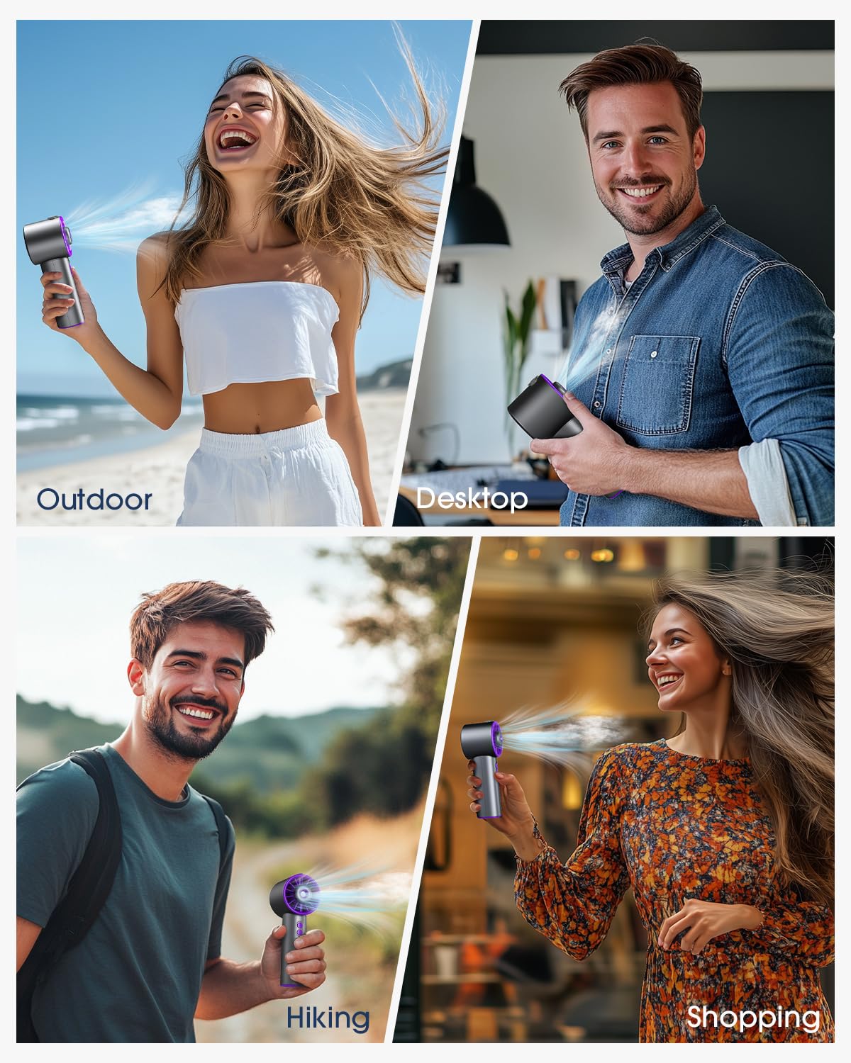 Mini Ausic handheld turbo fan with misting function, 3-speed settings, and high-speed airflow for cooling