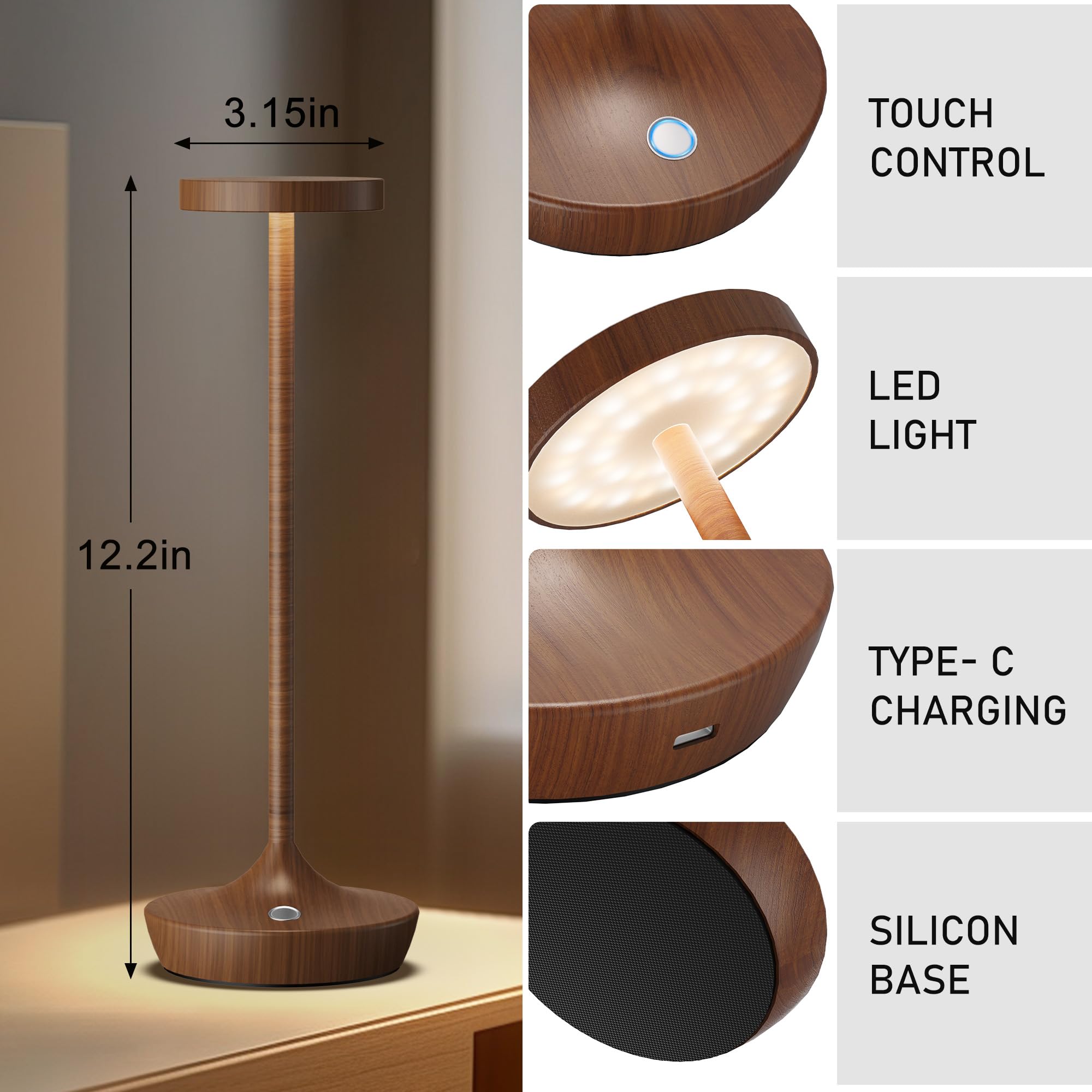 Yht Cordless Table Lamp Rechargeable,6000Mah Battery Operated Led Desk Lamp,Portable Outdoor Waterproof 3-Color Touch Dimmable Table Lights For Dining/Patio/Restaurant/Home (Woodgrain 2P)