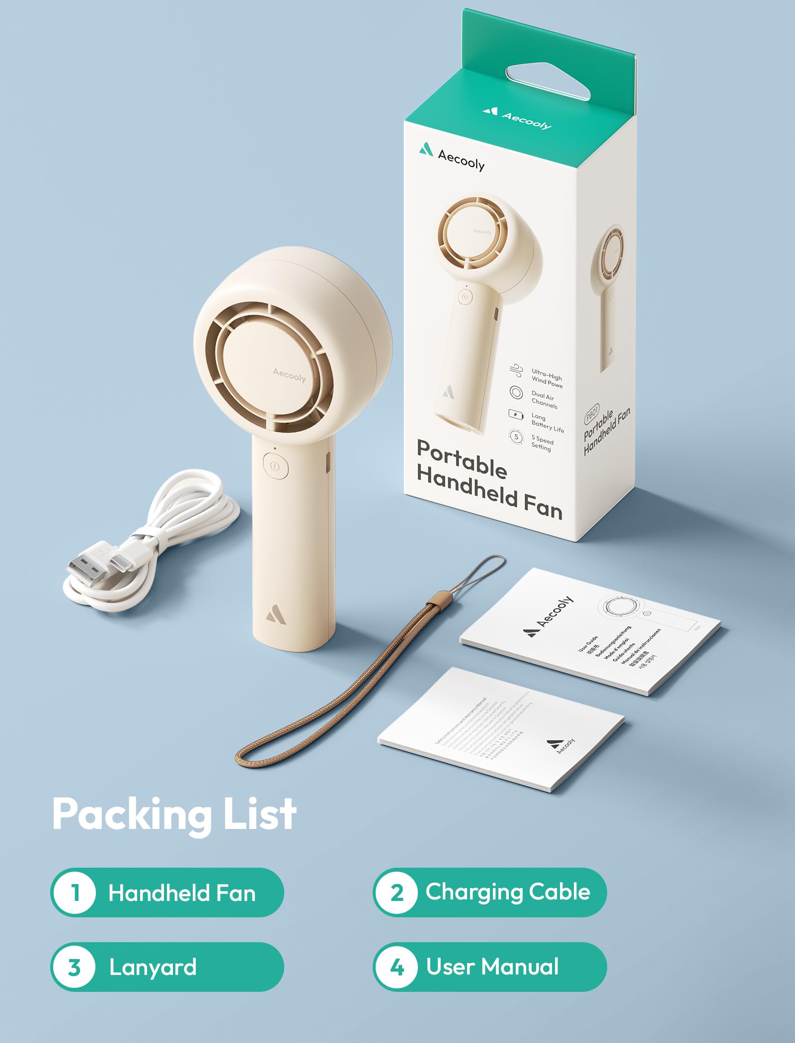 USB rechargeable handheld fan by Aecooly, 5-speed settings, with up to 16 hours of cooling