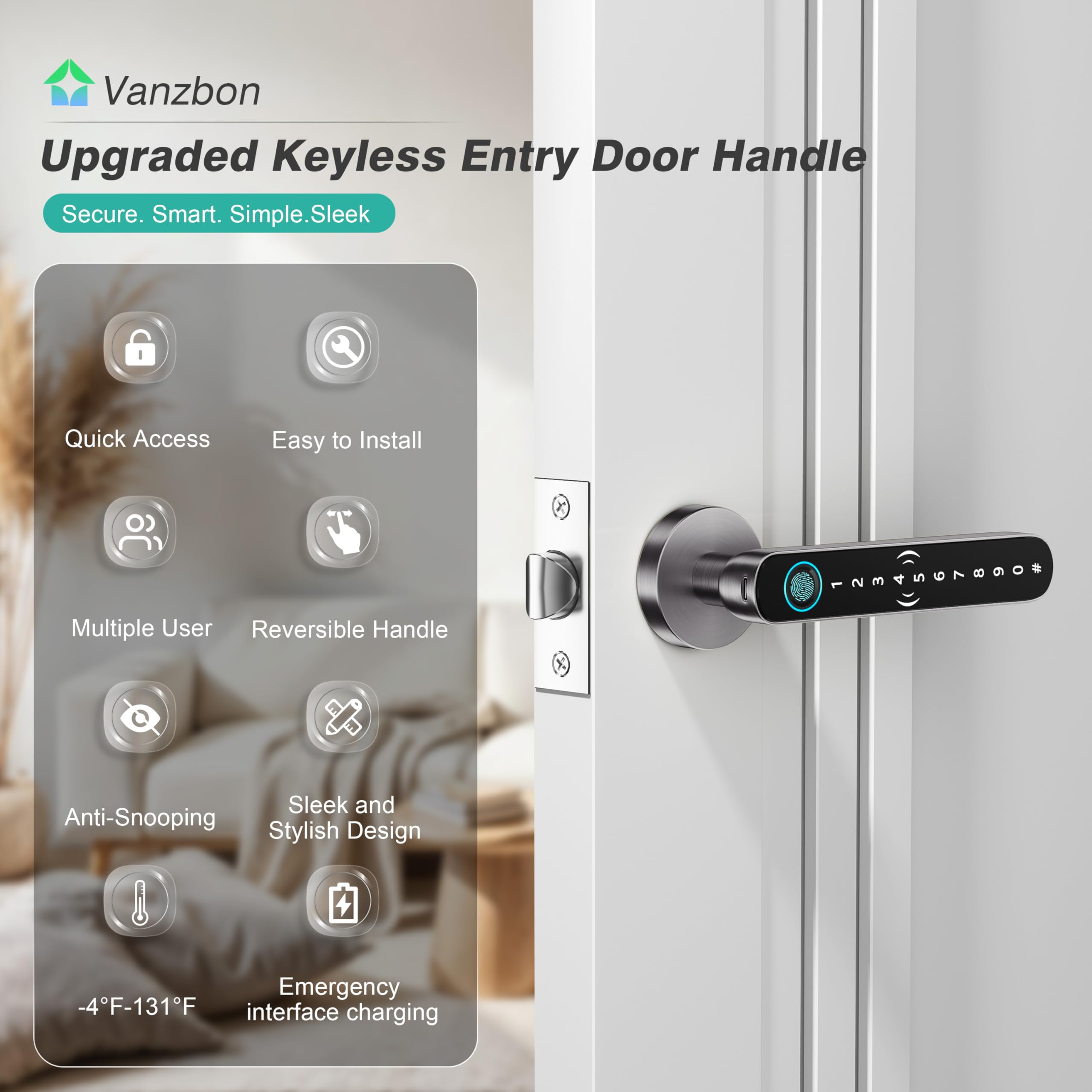 Vanzbon 5 In 1 Fingerprint Door Handle Lock For Bedroom,Smart Biometric Door Knob With Code,Electric Finger Print Doorknob,Keyless Smart Entry Door Lock Handle For Apartment,Interior Door,Office(Grey,Black)