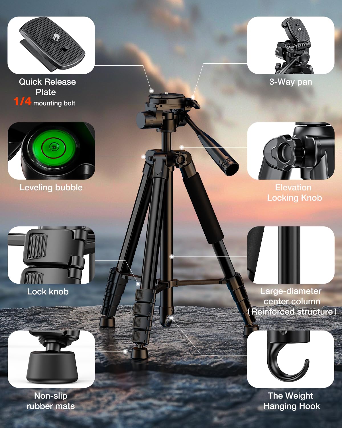 Jobfri 73" Camera Tripod Stand, Compatible With Gopro/Dslr/Cell Phone/Camcorder, With Phone Holder, Travel Bag,Max Load 8.8Lb (Matte Black)