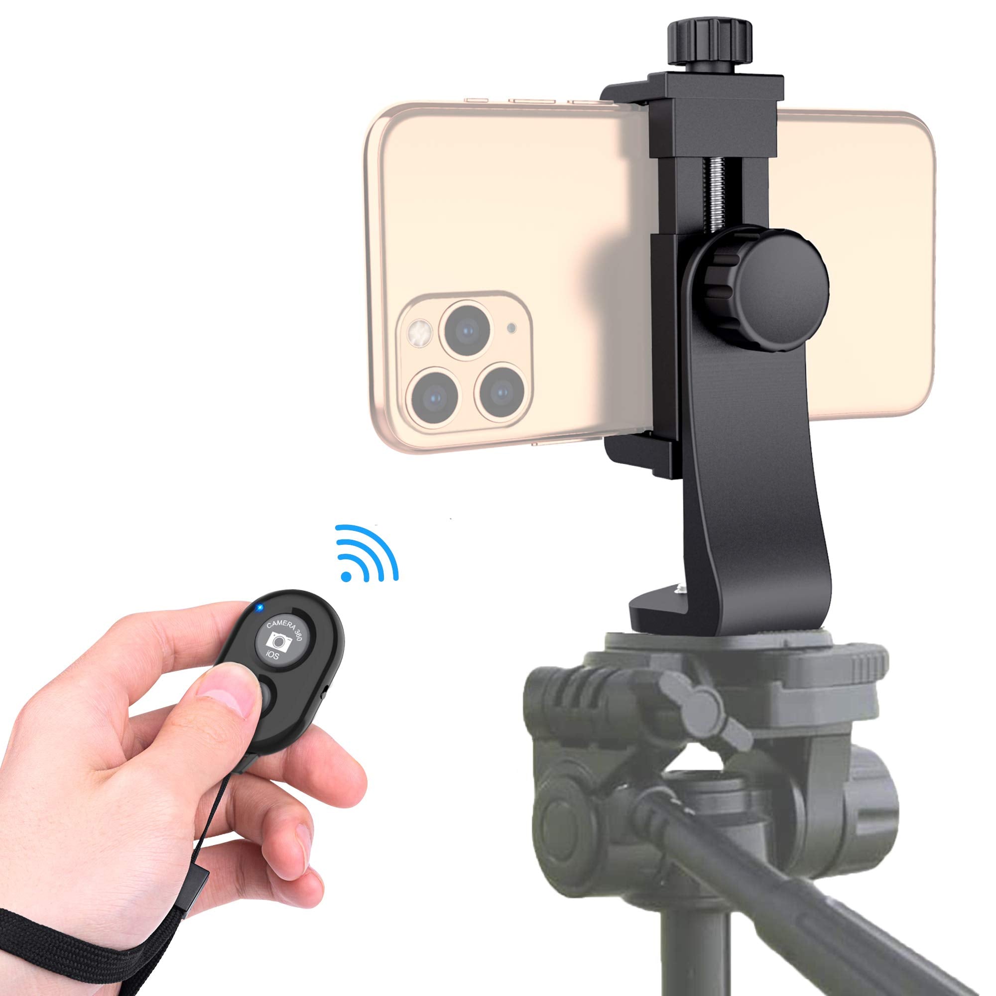 Zttopo Universal Phone Tripod Mount Adapter With WIreless Camera Remote , Cell Phone Holder With Adjustable Clamp For Selfie Stick Monopod Compatible With Iphone, Samsung And So On , Wrist Strap Included