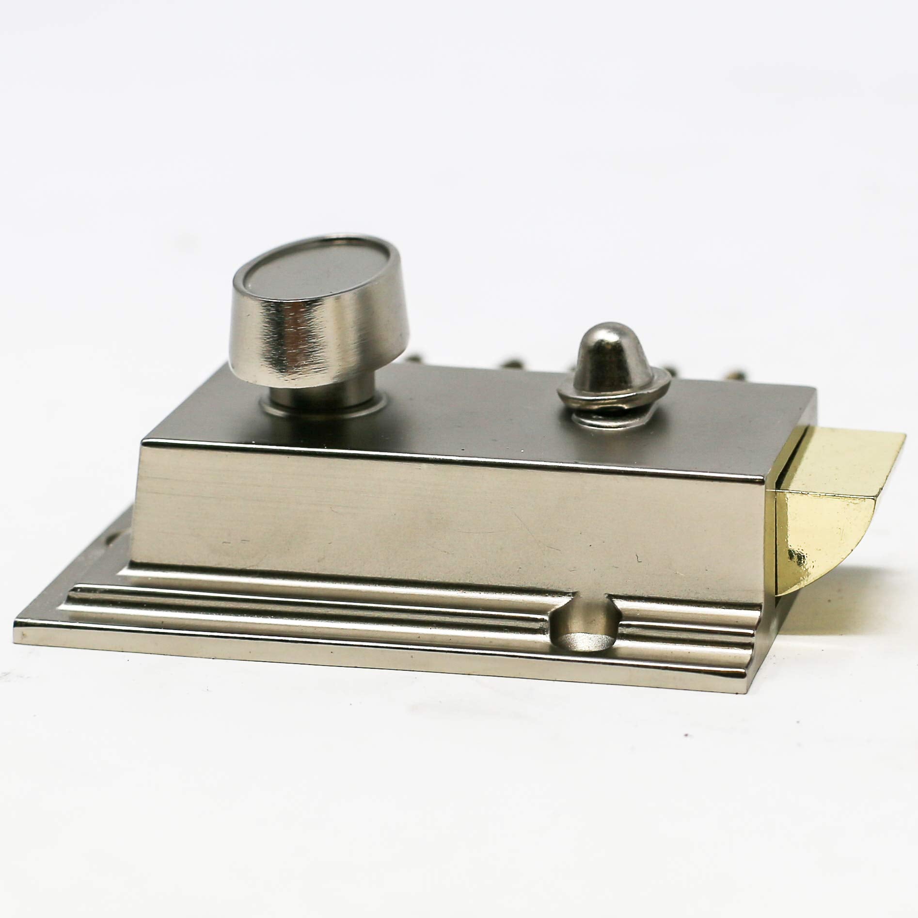 Defiant Satin Nickel Deadbolt Lock With Night Latch, Holdback Button Single Cylinder Rim And Two Keys - Heavy Duty Defender Security Door Lock Hardware