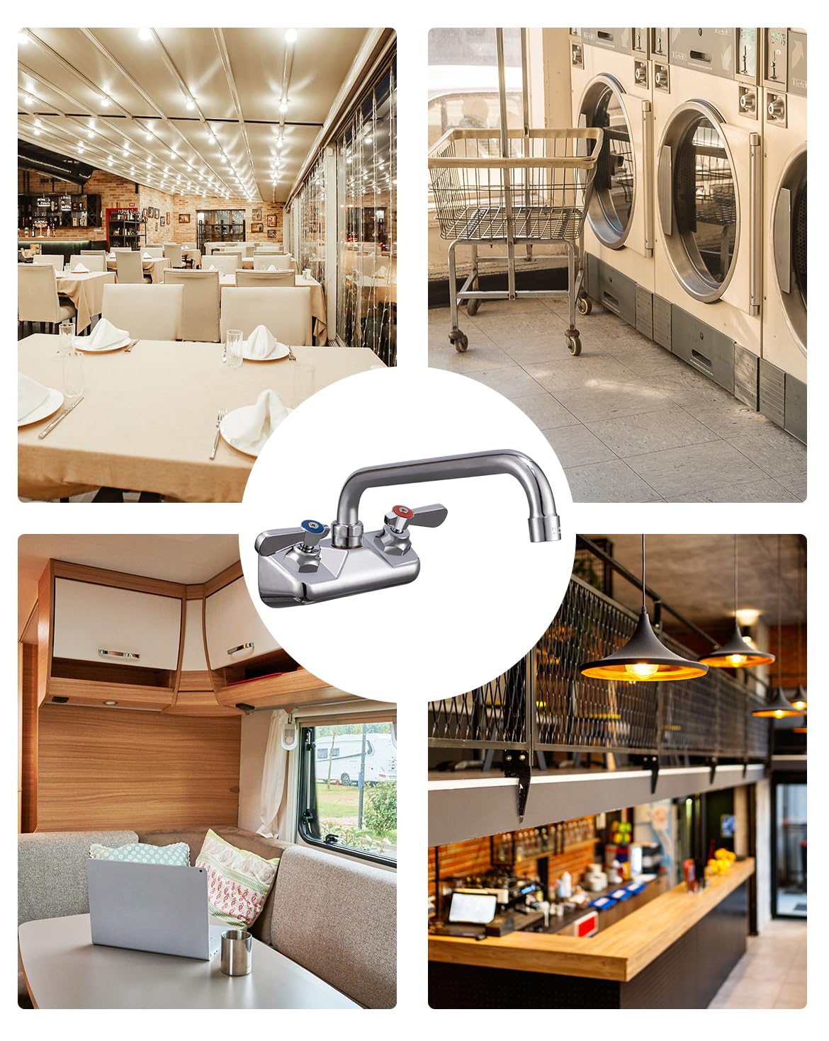 Phivan Commercial Kitchen Sink Faucet, 4 Inch Center, Wall Mount, 2 Hole, Brass, Polished Chrome, 12 Inch Swivel Spout, 360 Rotation, 1.8 Gpm, Modern Style, Silver